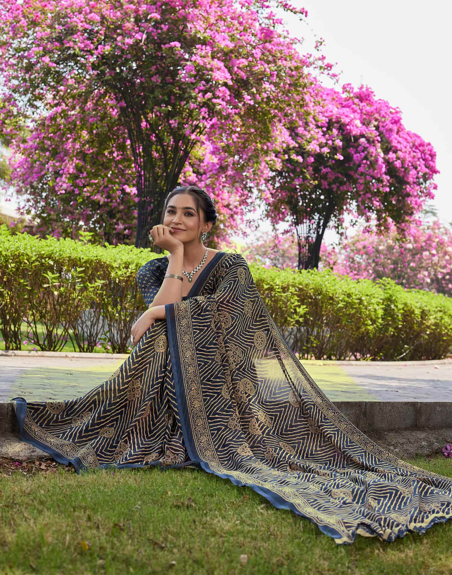 Dusty Navy Blue Georgette Printed Saree