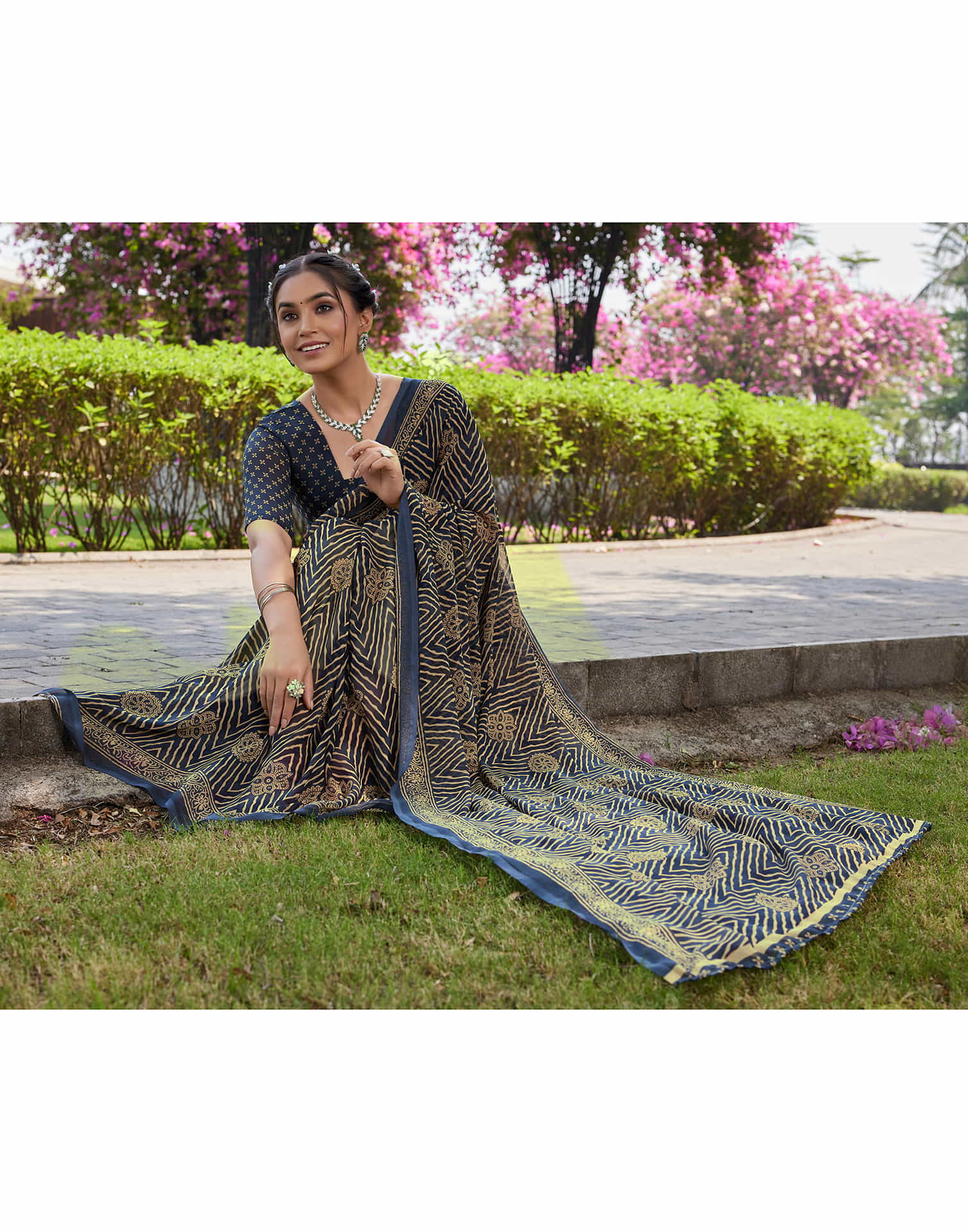 Dusty Navy Blue Georgette Printed Saree
