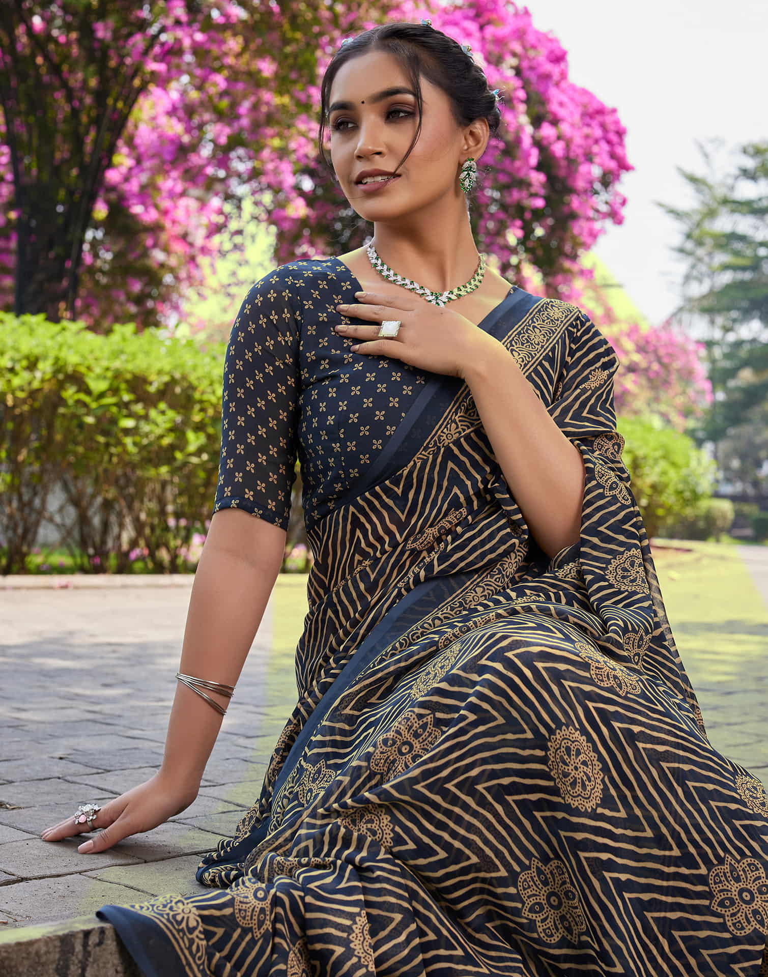 Dusty Navy Blue Georgette Printed Saree