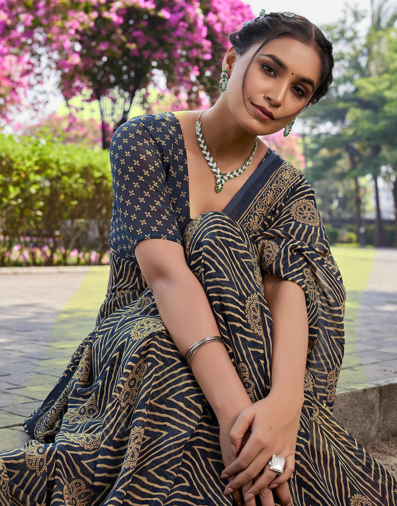 Dusty Navy Blue Georgette Printed Saree