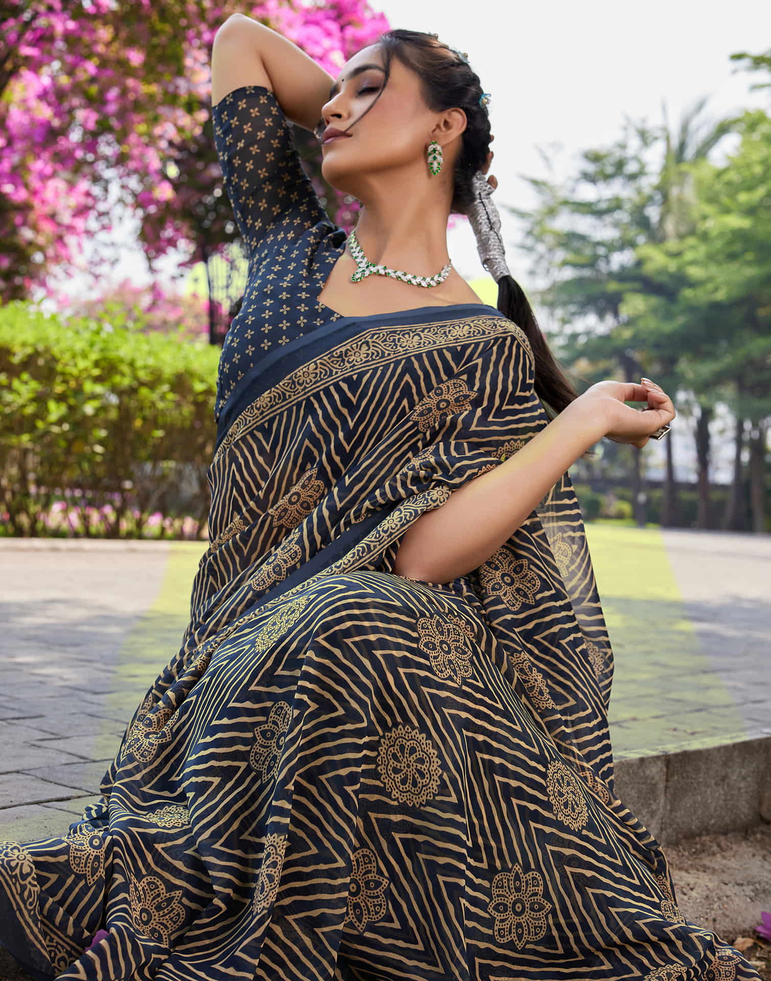 Dusty Navy Blue Georgette Printed Saree