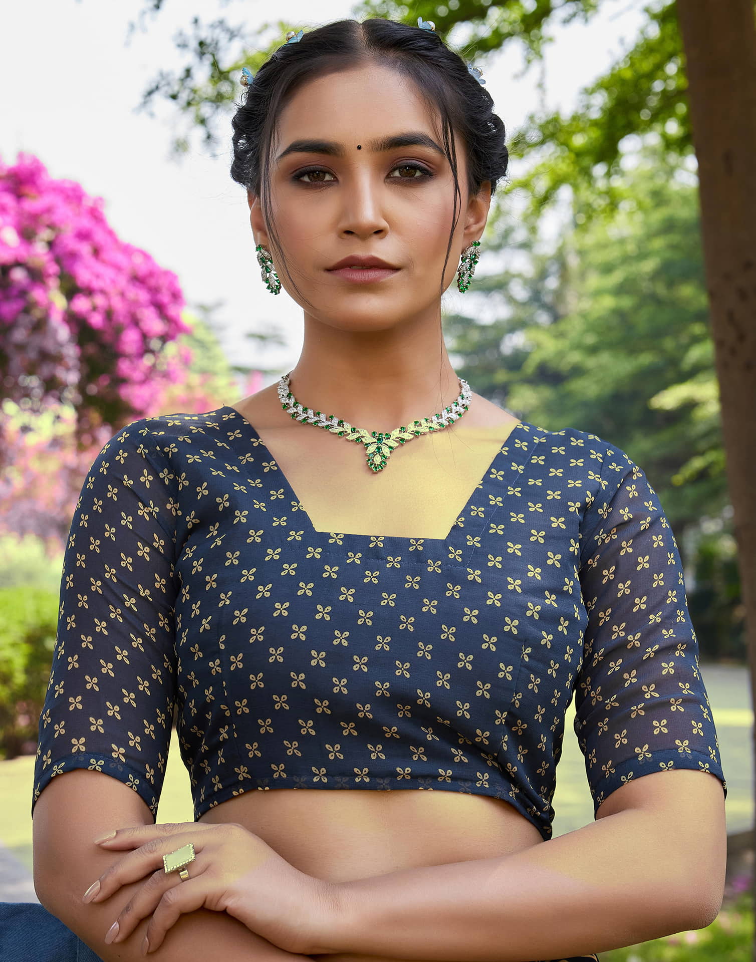 Dusty Navy Blue Georgette Printed Saree