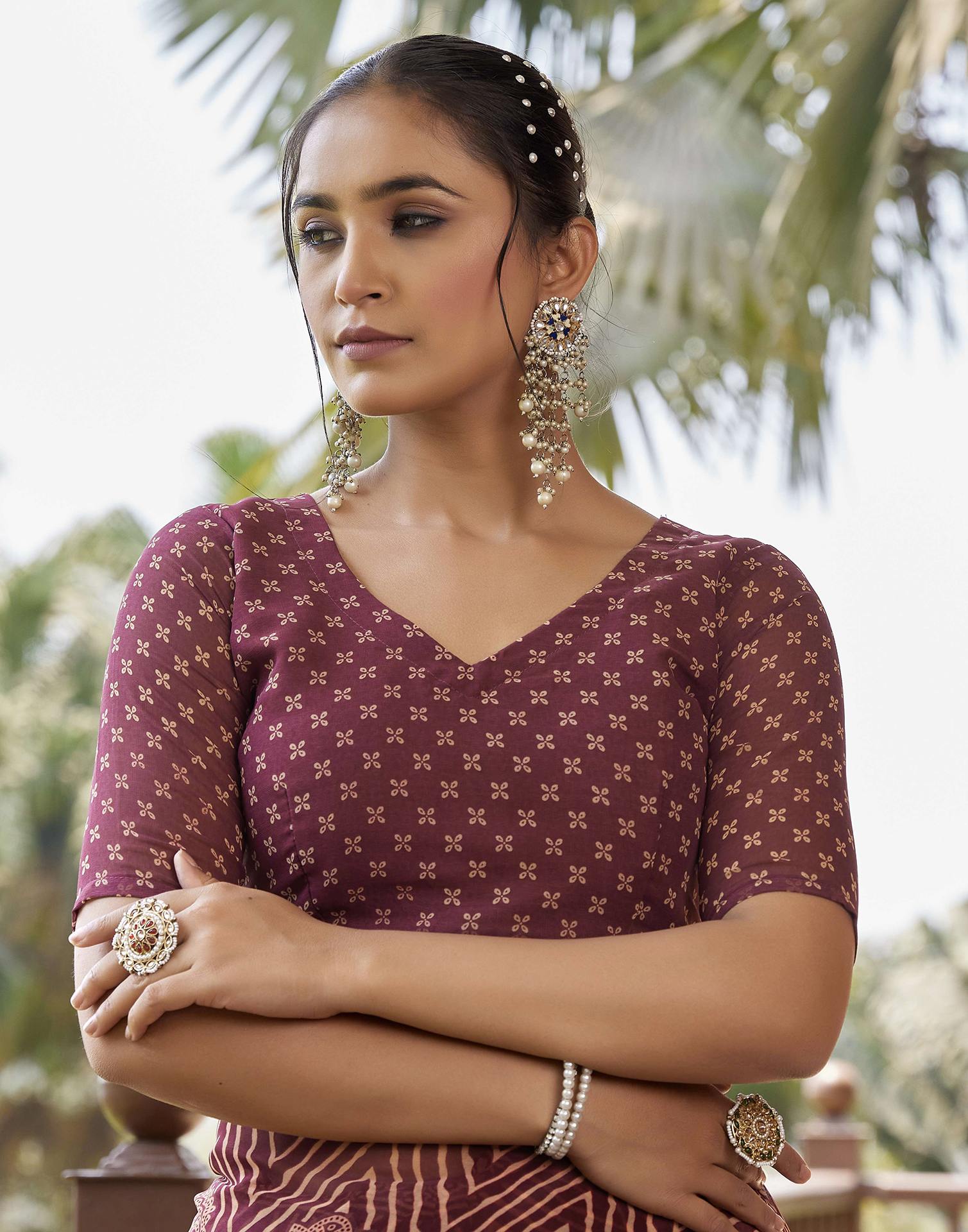 Dusty Maroon Georgette Printed Saree