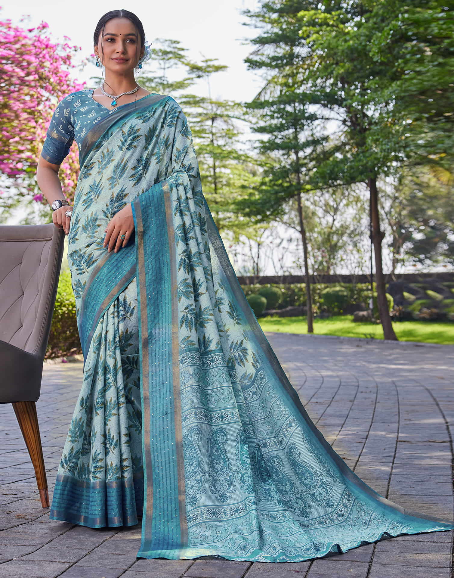 Blue Chanderi Sequence Printed Saree