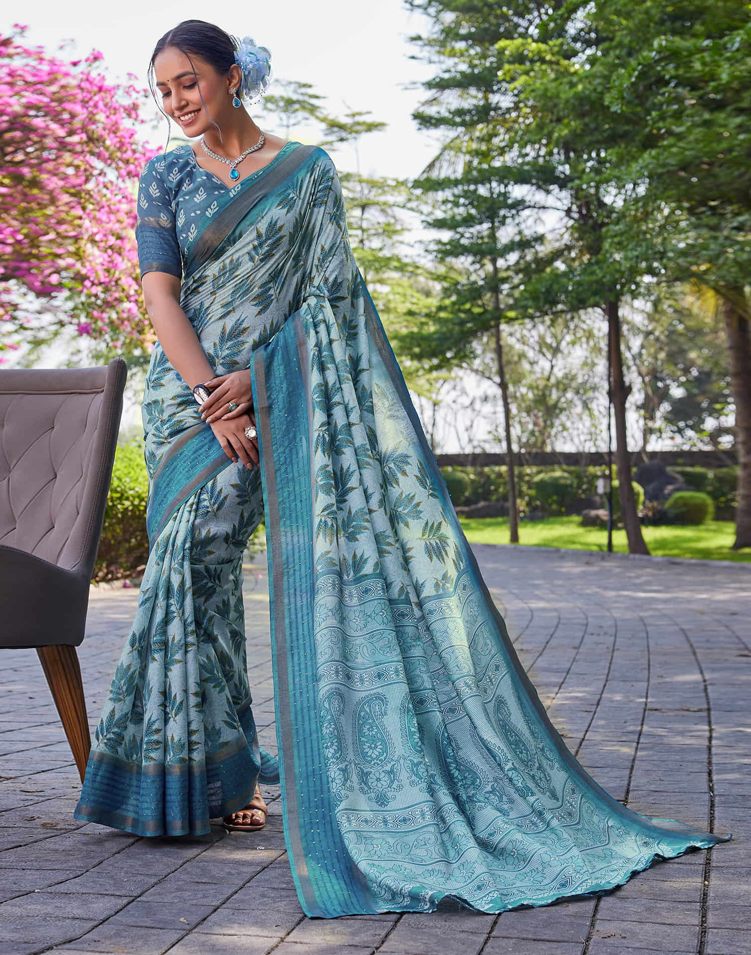 Blue Chanderi Sequence Printed Saree