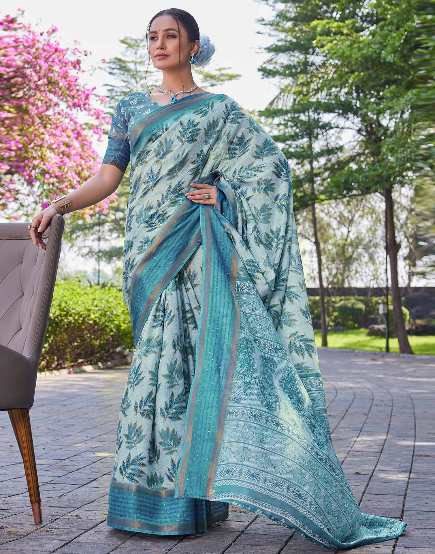 Blue Chanderi Sequence Printed Saree