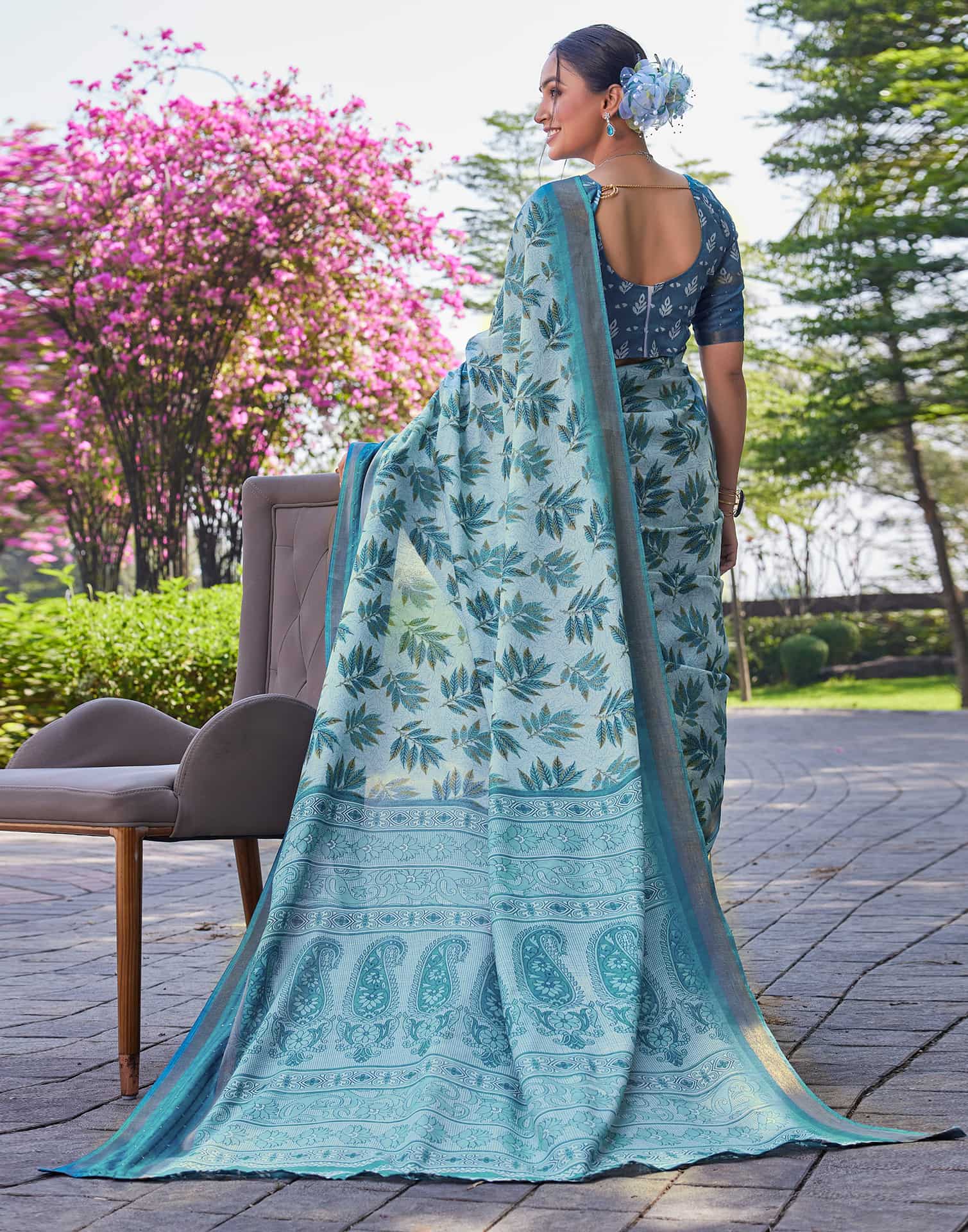 Blue Chanderi Sequence Printed Saree
