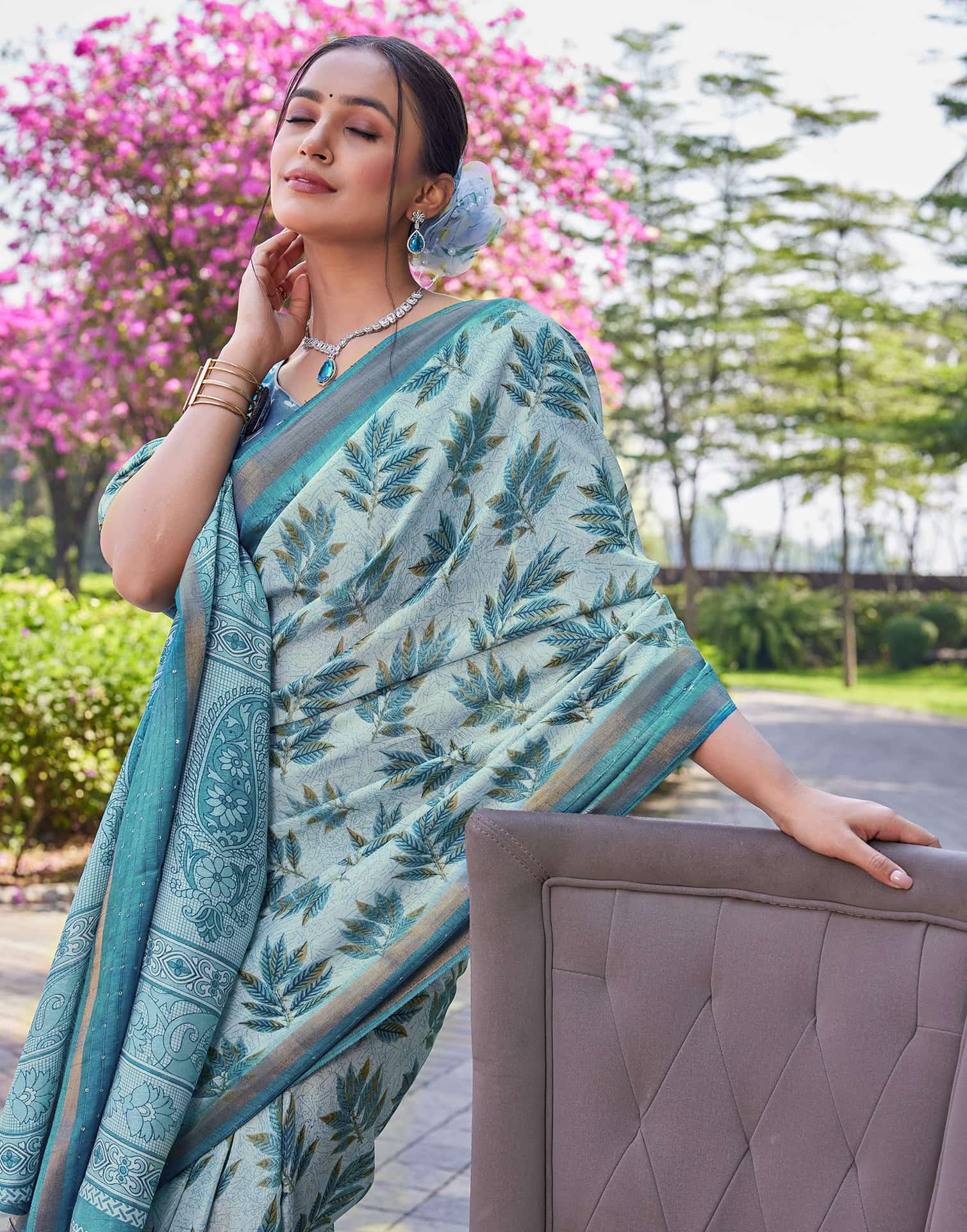 Blue Chanderi Sequence Printed Saree