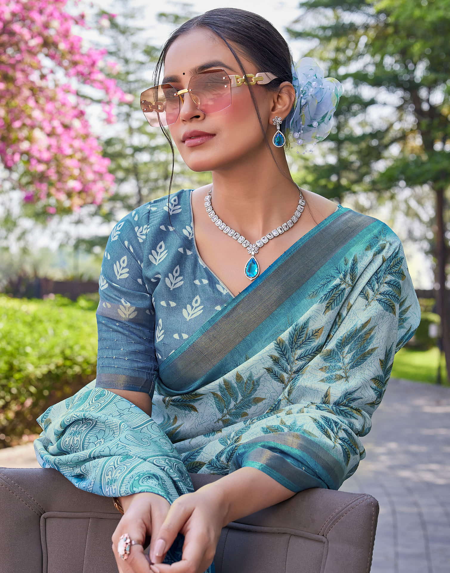 Blue Chanderi Sequence Printed Saree