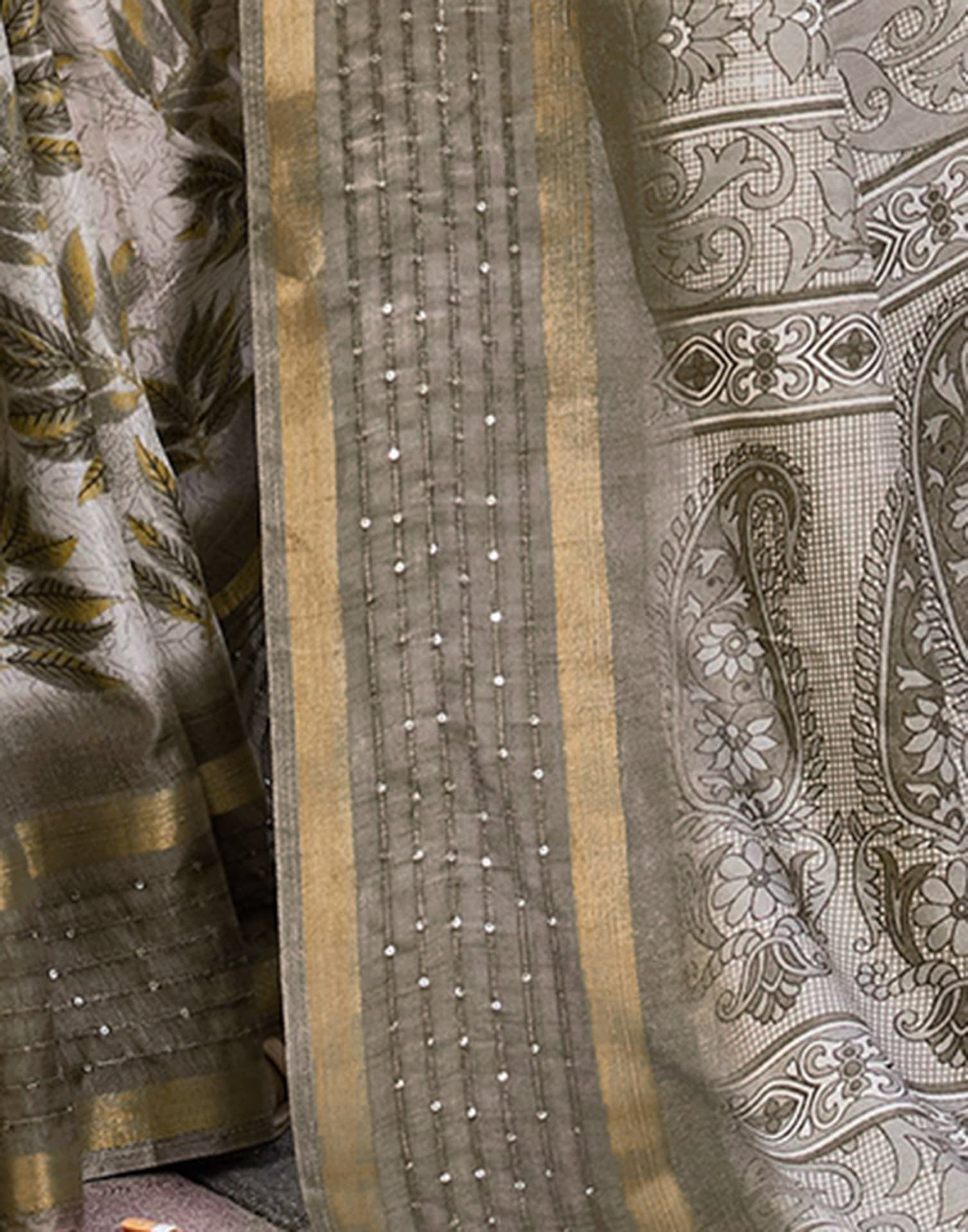 Khaki Chanderi Printed Saree