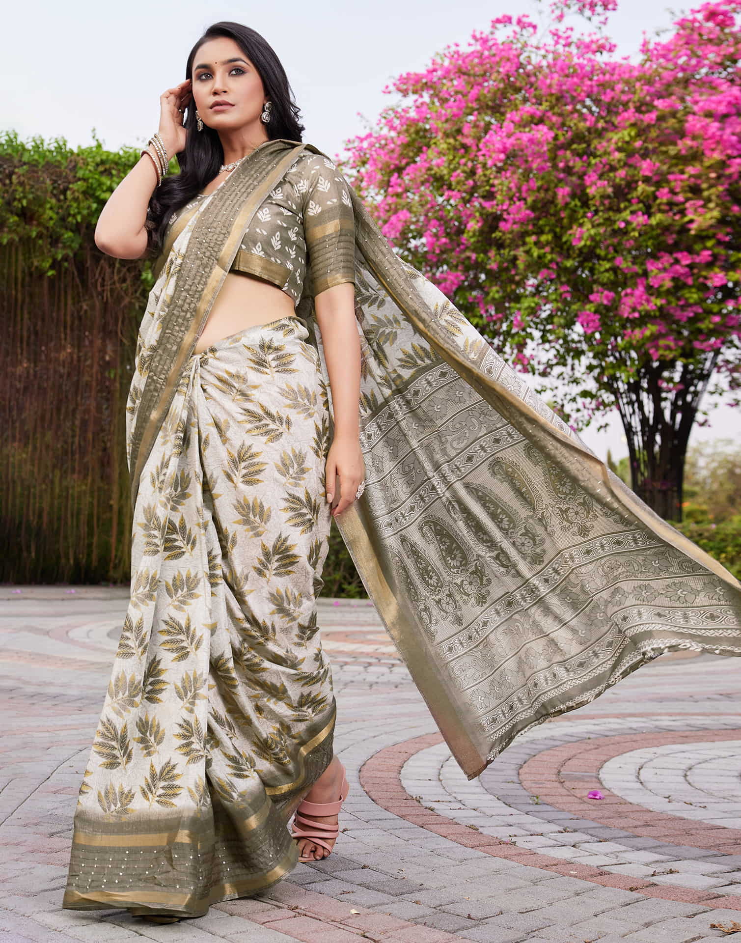 Khaki Chanderi Printed Saree