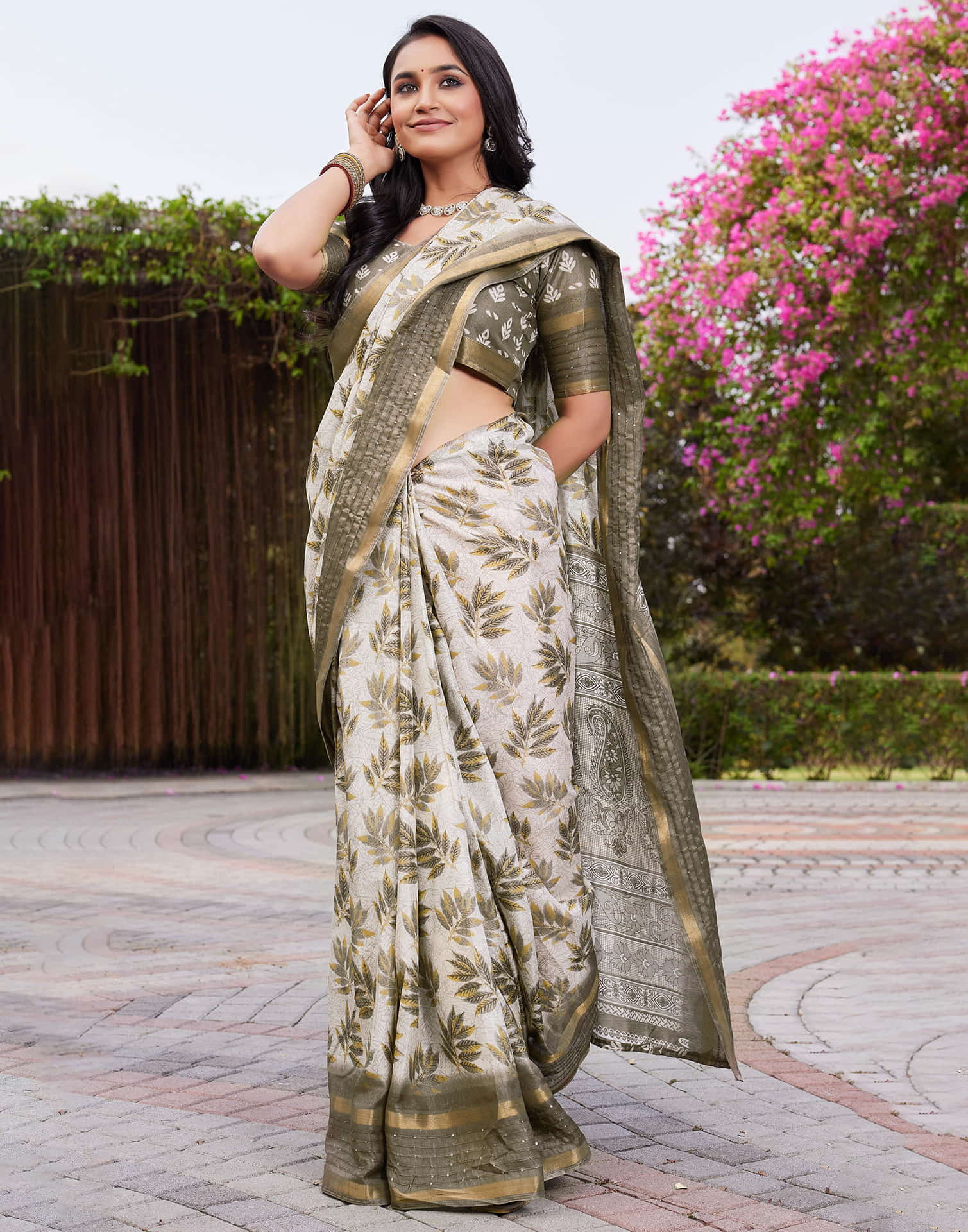 Khaki Chanderi Printed Saree