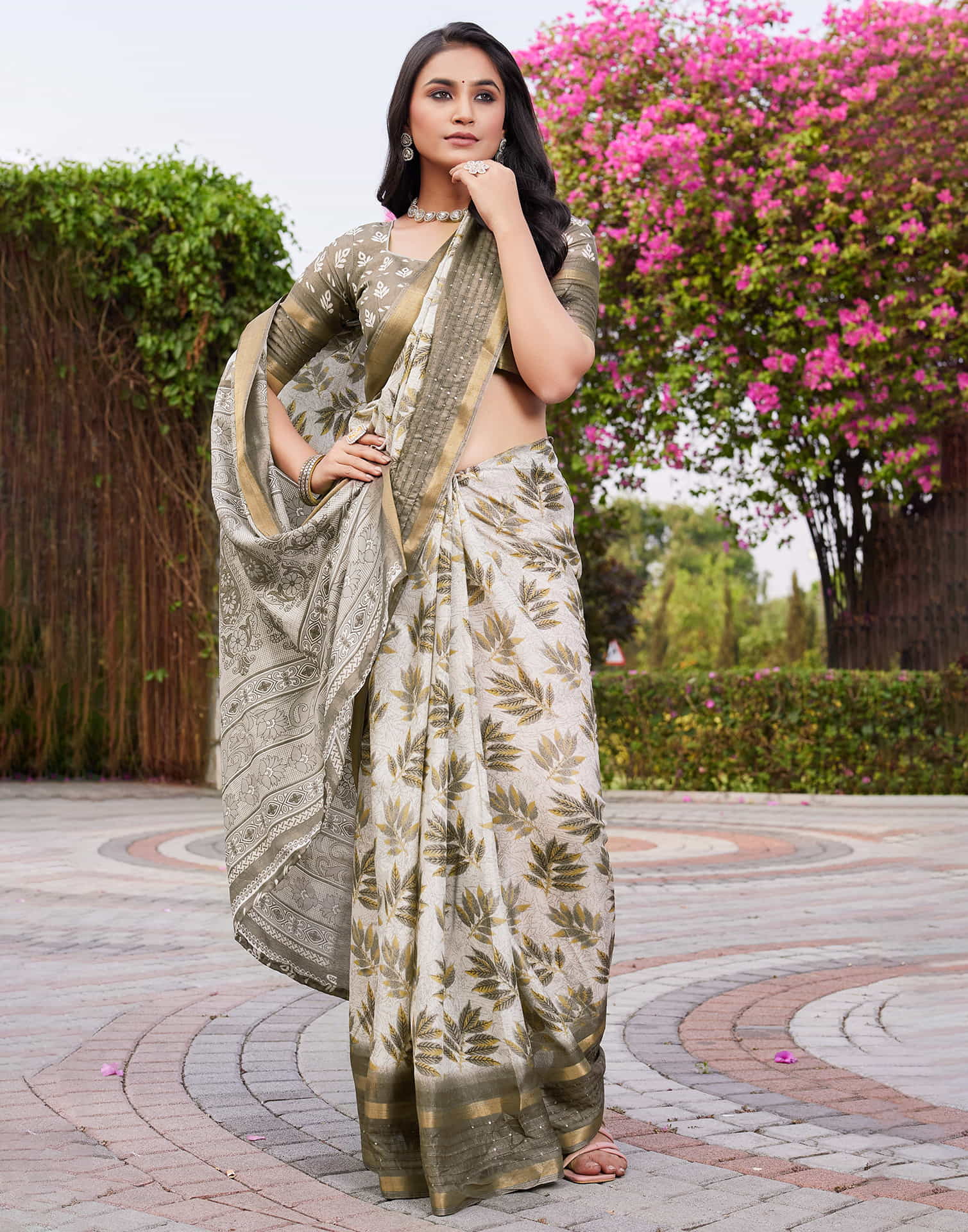 Khaki Chanderi Printed Saree