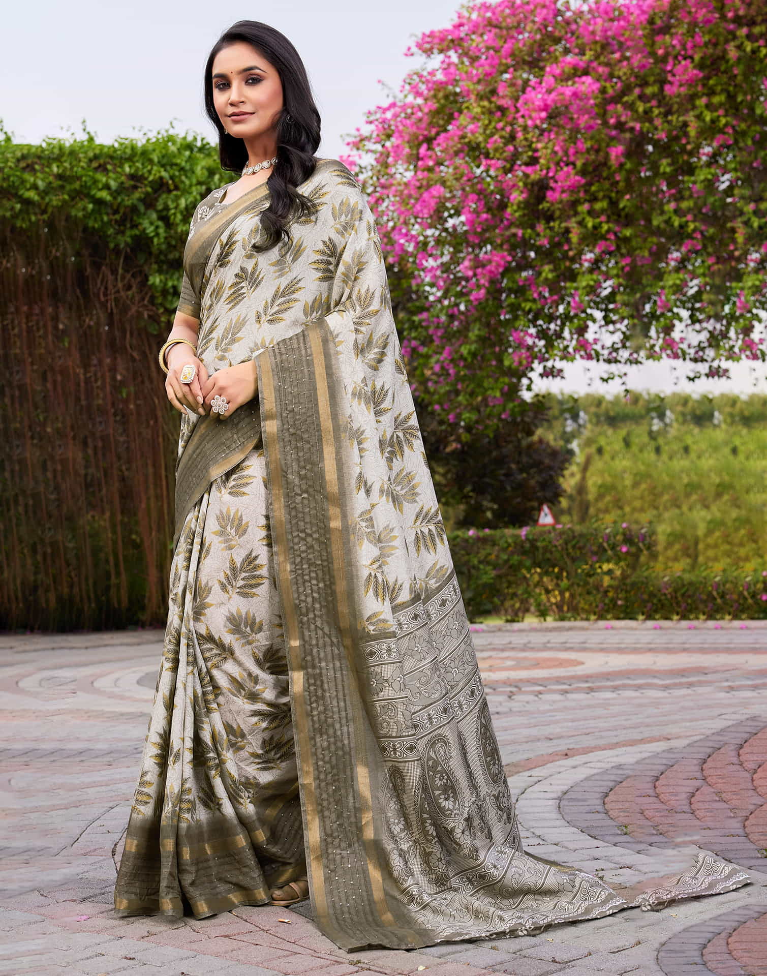 Khaki Chanderi Printed Saree