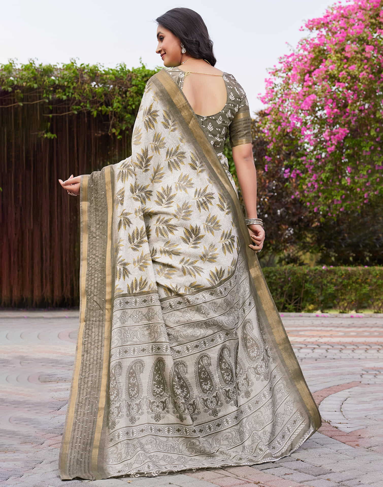 Khaki Chanderi Printed Saree