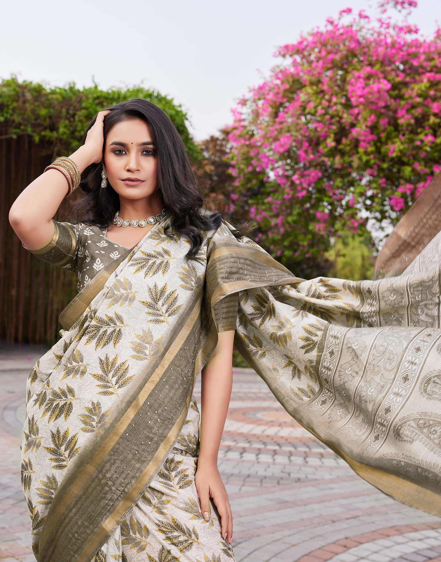 Khaki Chanderi Printed Saree