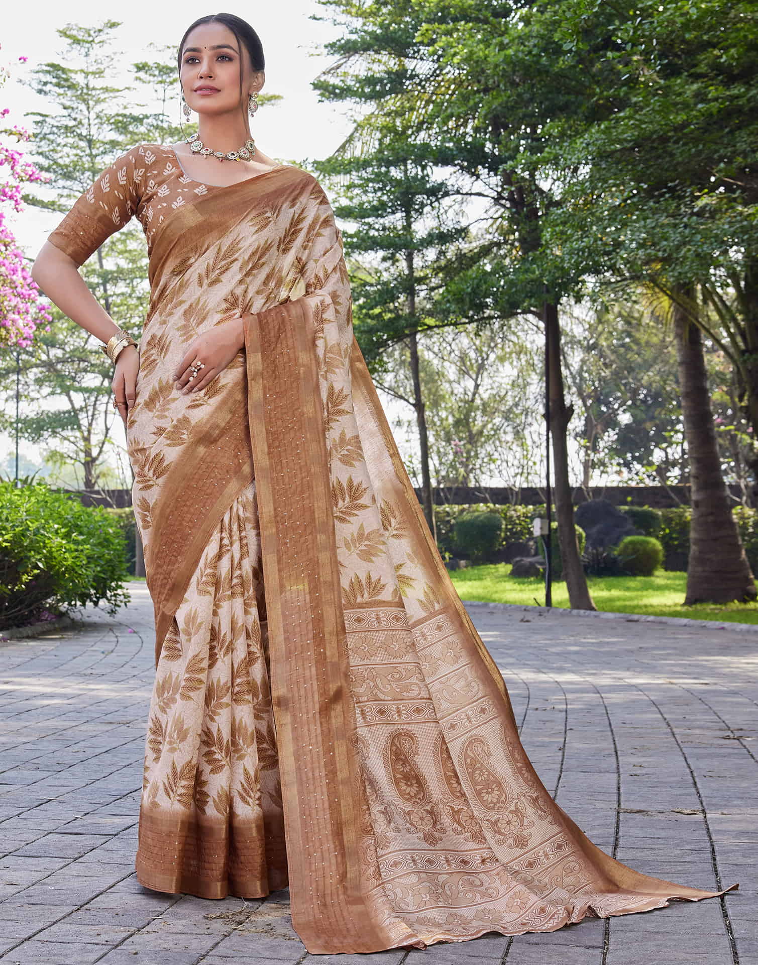 Light Brown Chanderi Printed Saree