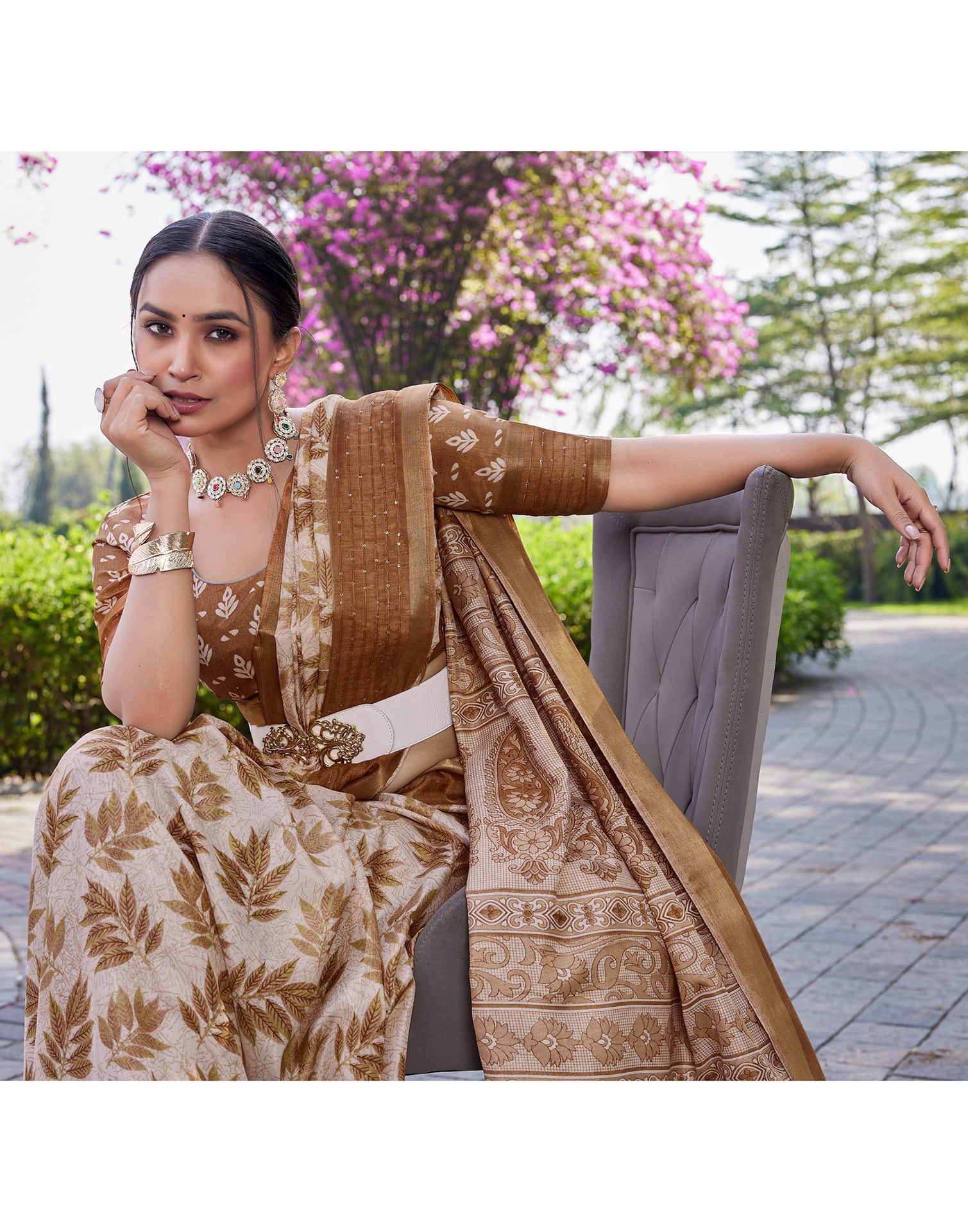 Light Brown Chanderi Printed Saree