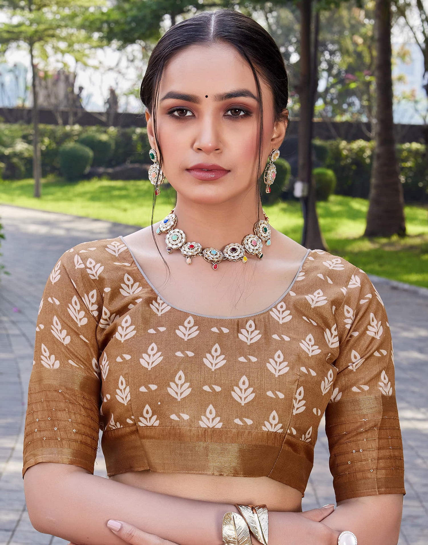 Light Brown Chanderi Printed Saree