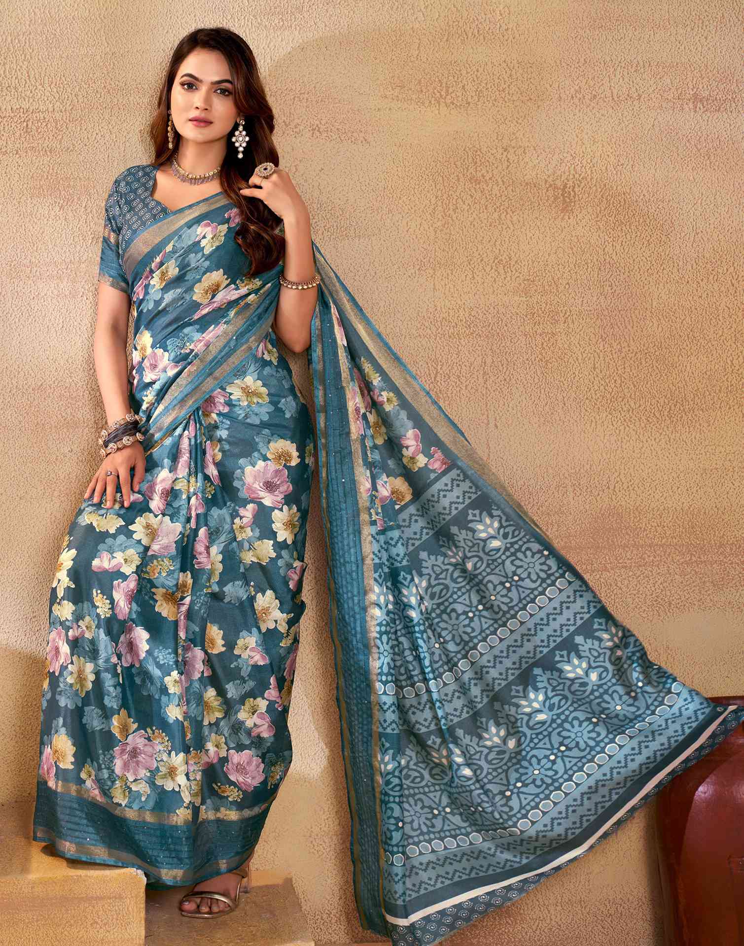 Blue Chanderi Zari Floral Printed Saree