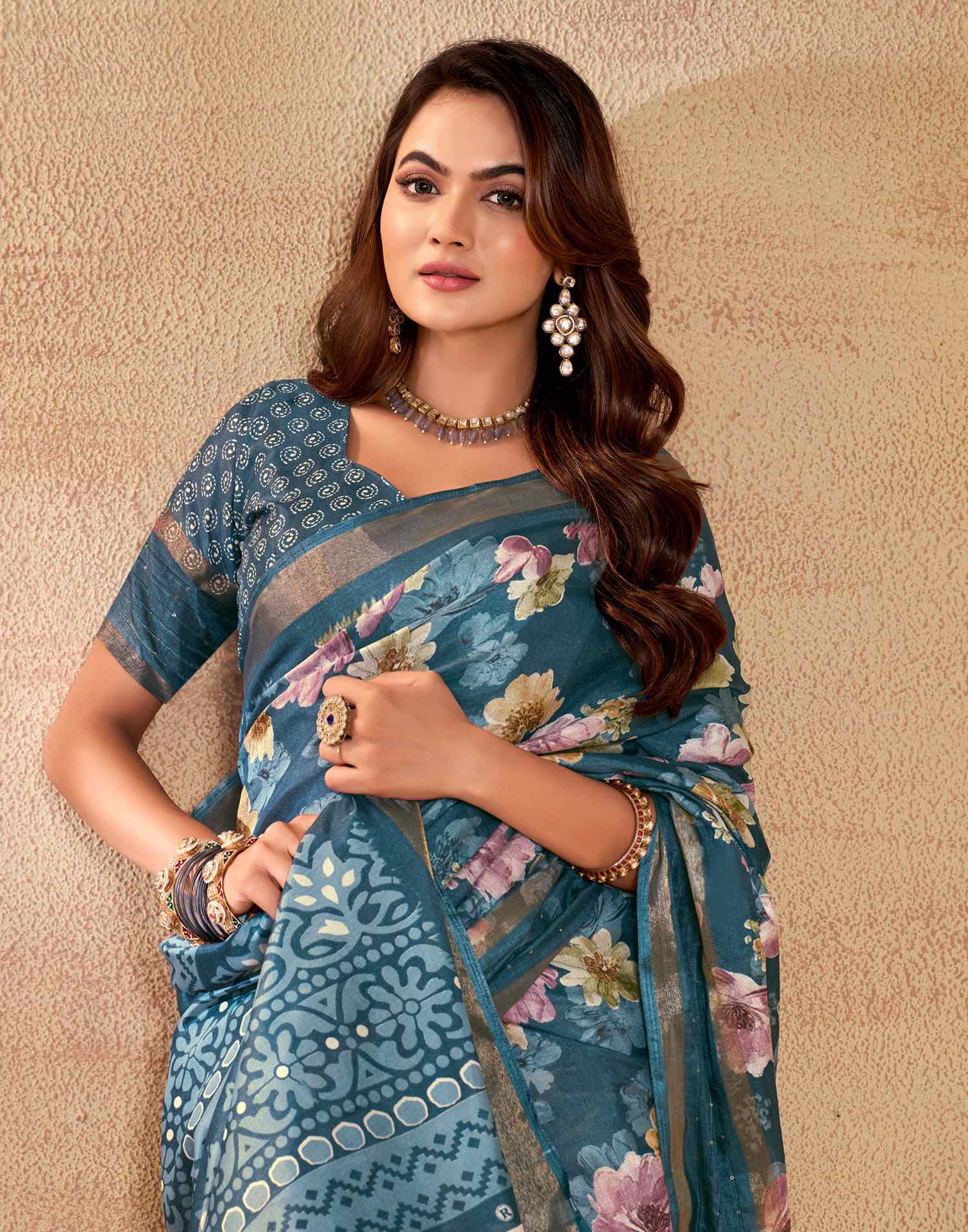 Blue Chanderi Zari Floral Printed Saree
