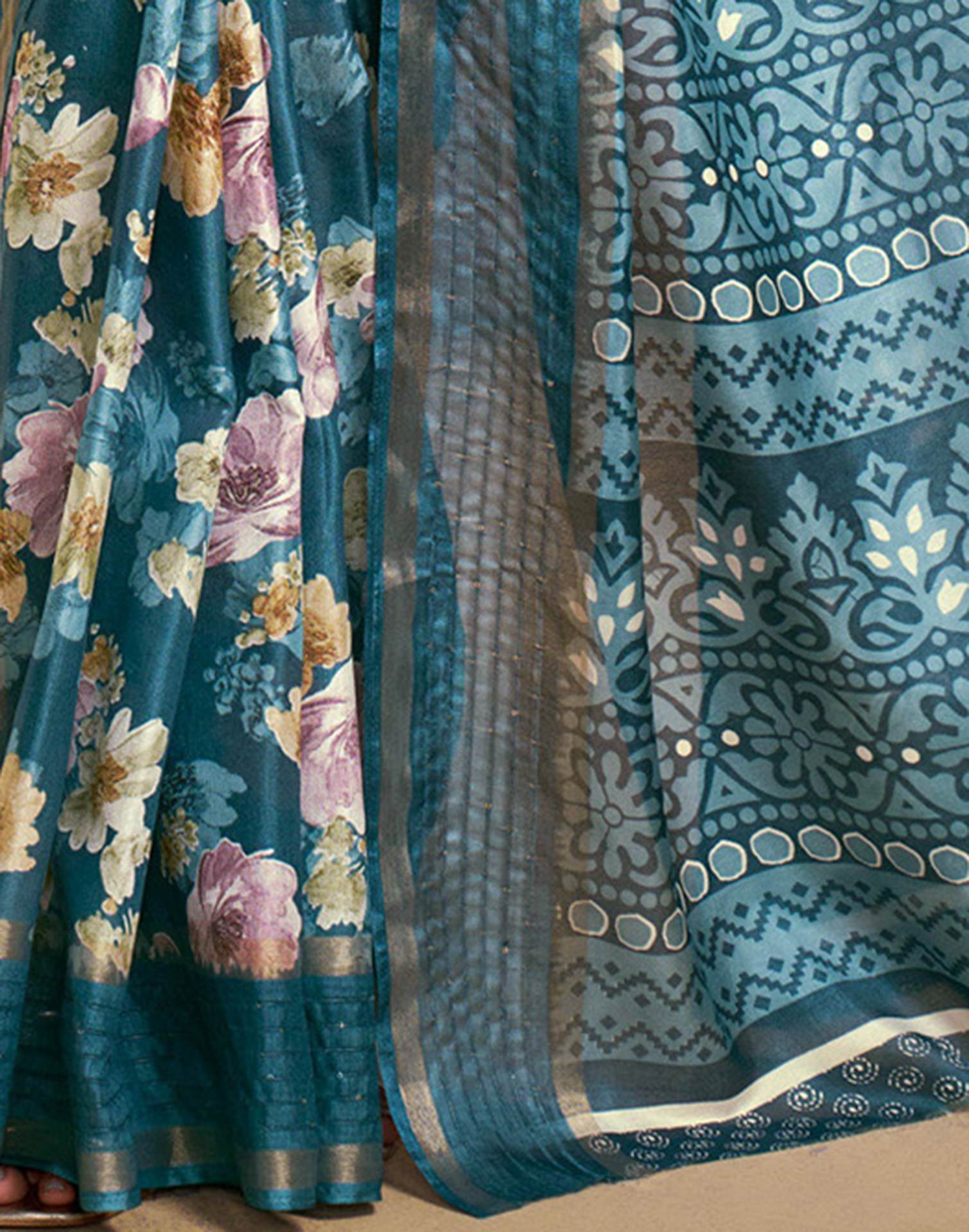 Blue Chanderi Zari Floral Printed Saree
