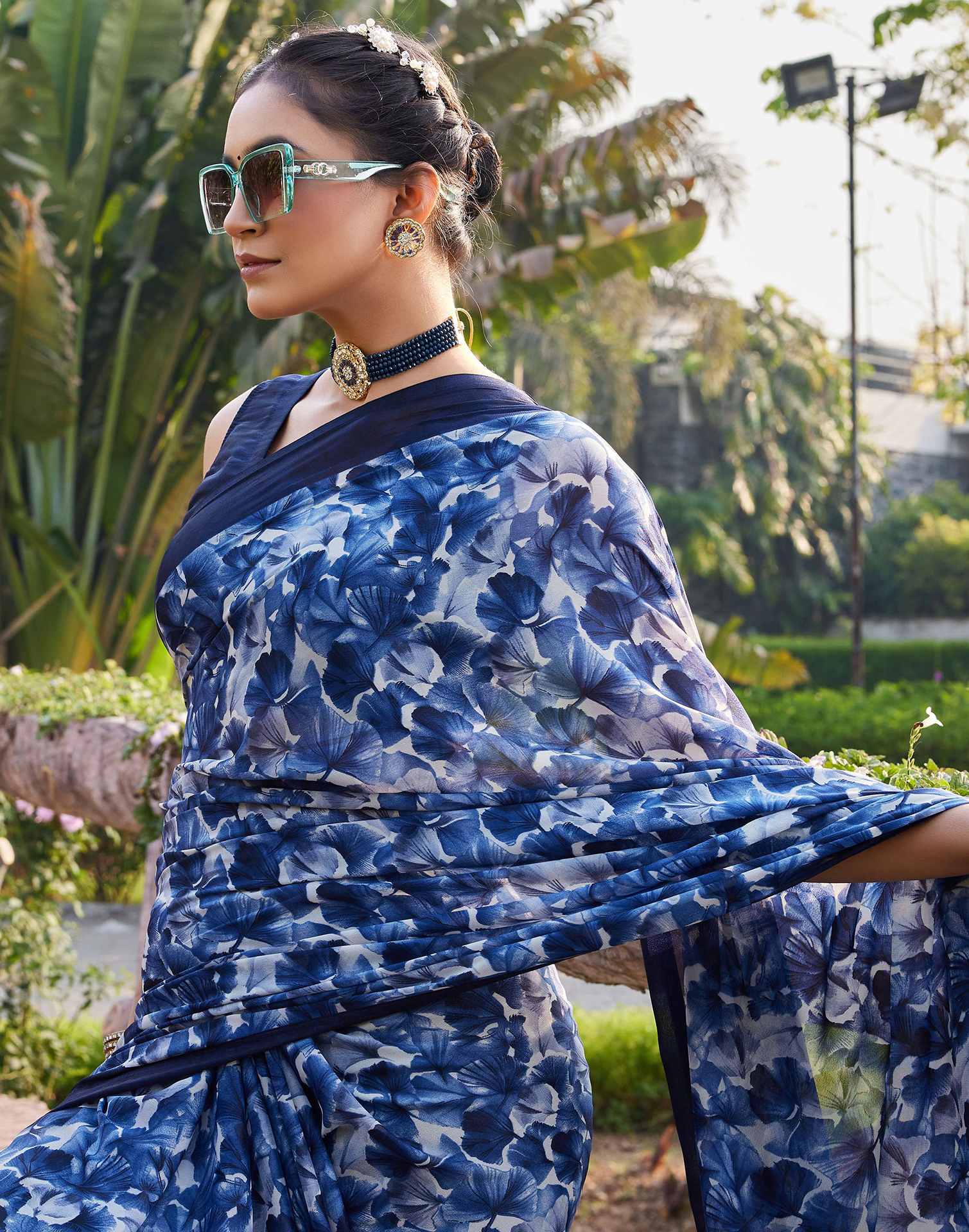 Navy Blue Georgette Floral Printed Saree