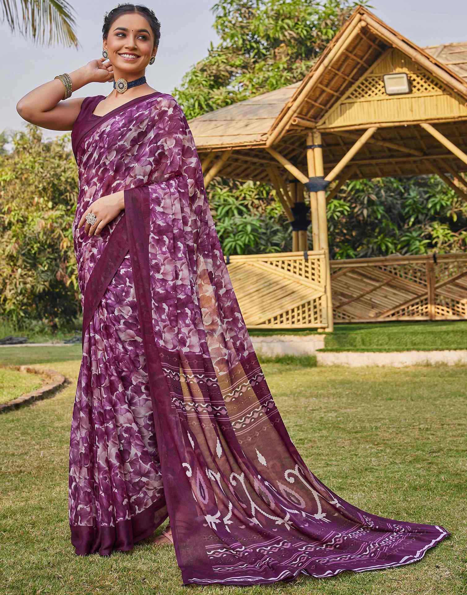Wine Georgette Floral Printed Saree