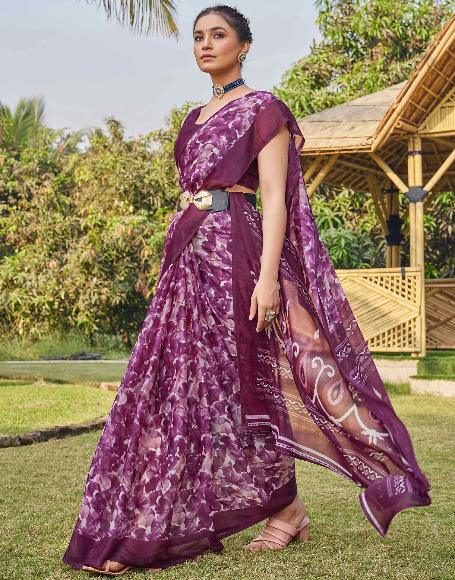 Wine Georgette Floral Printed Saree