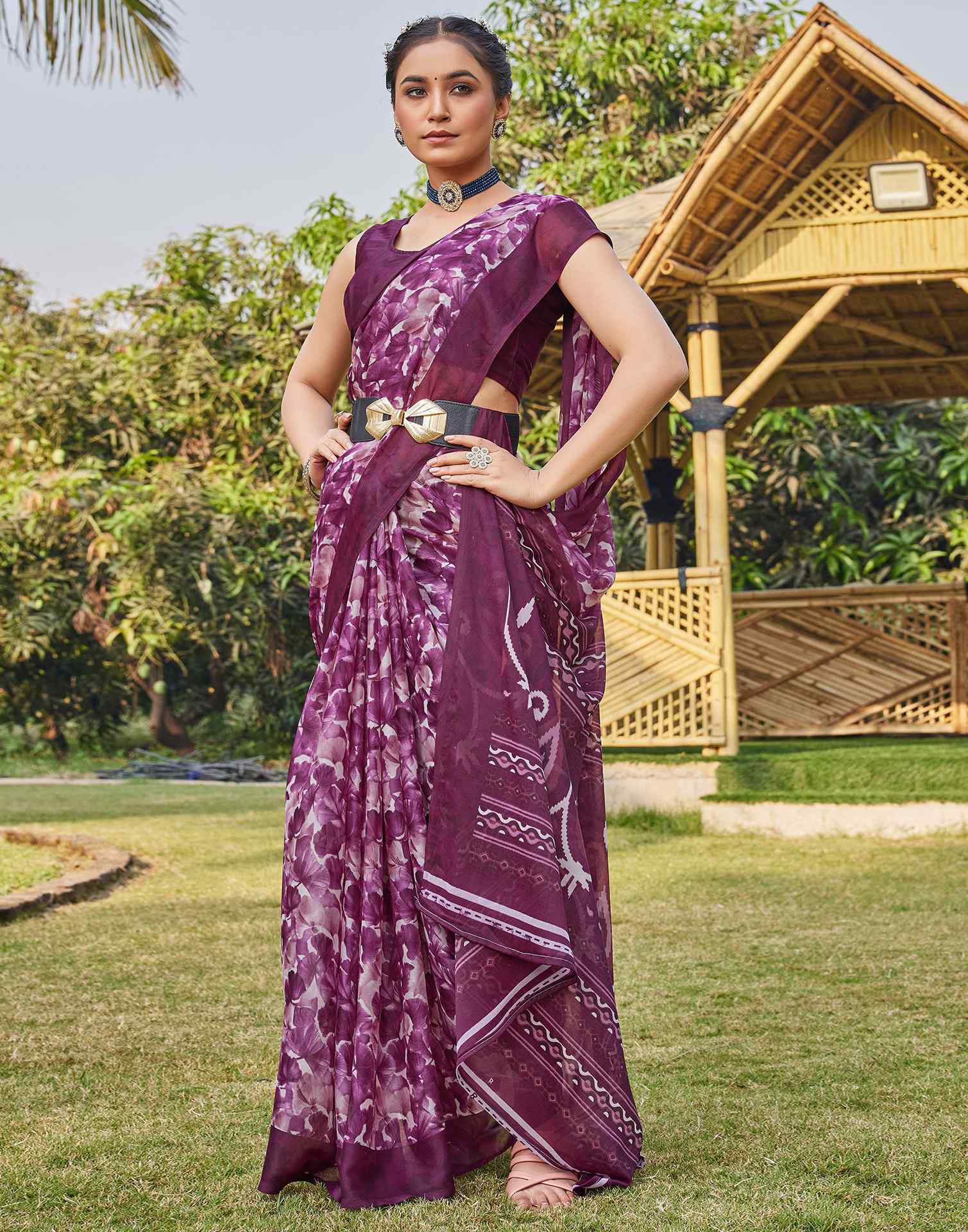 Wine Georgette Floral Printed Saree