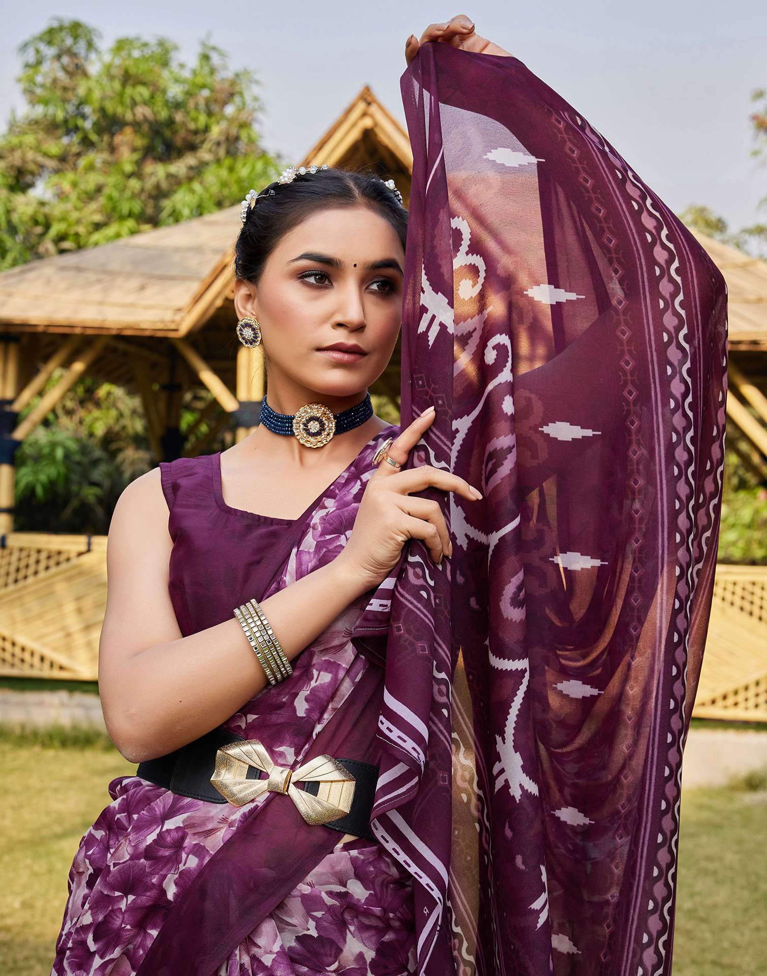 Wine Georgette Floral Printed Saree