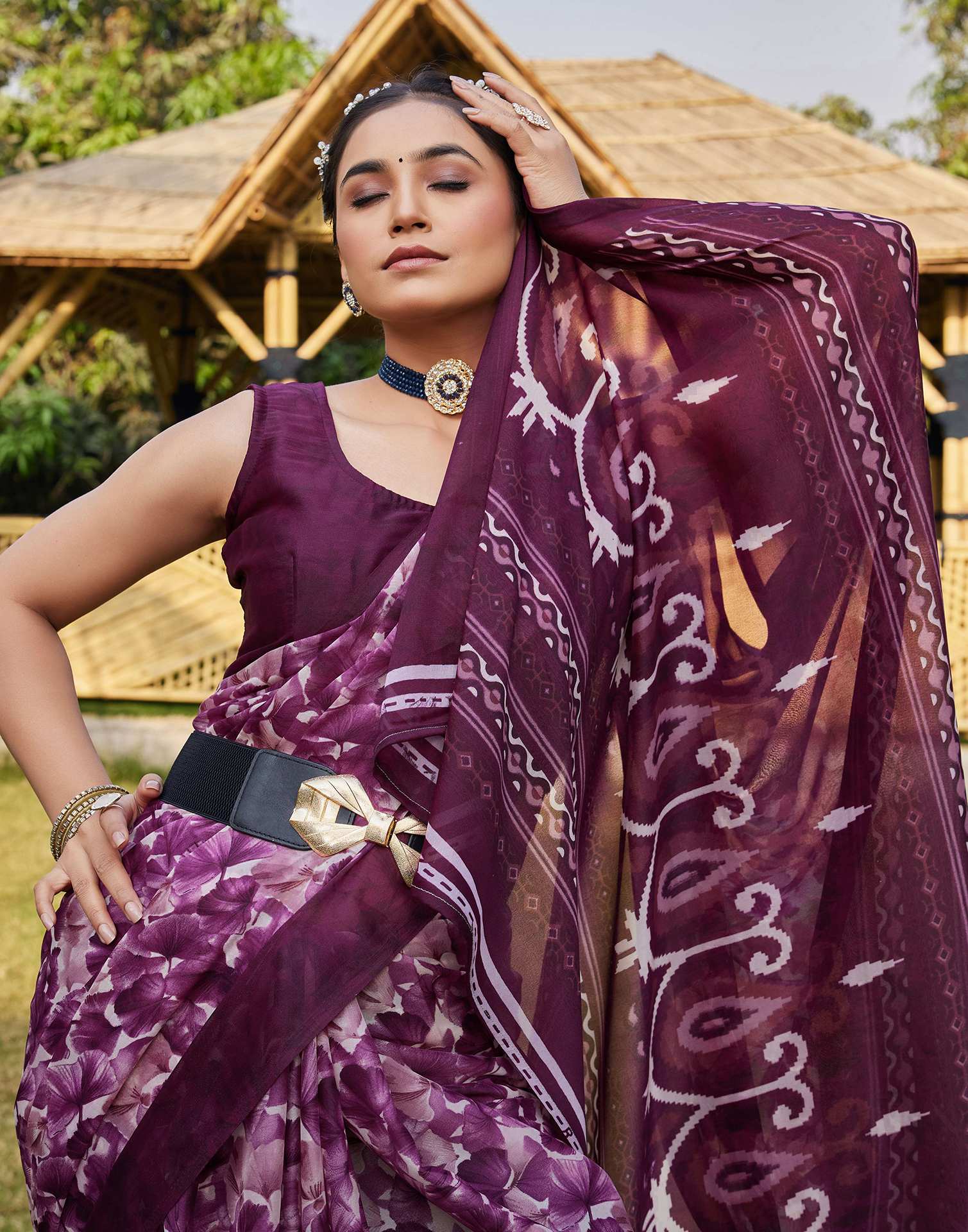 Wine Georgette Floral Printed Saree