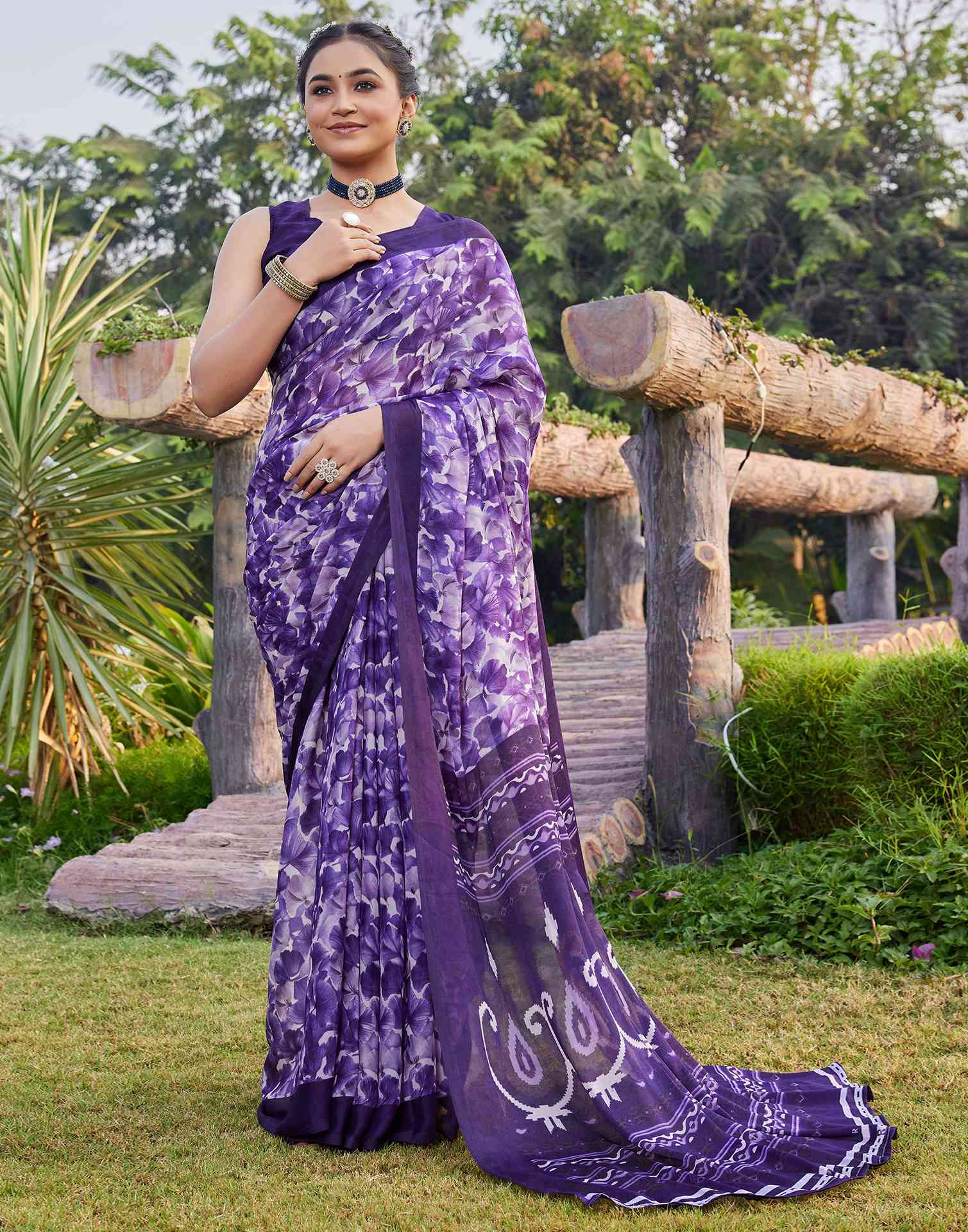 Purple Georgette Floral Printed Saree