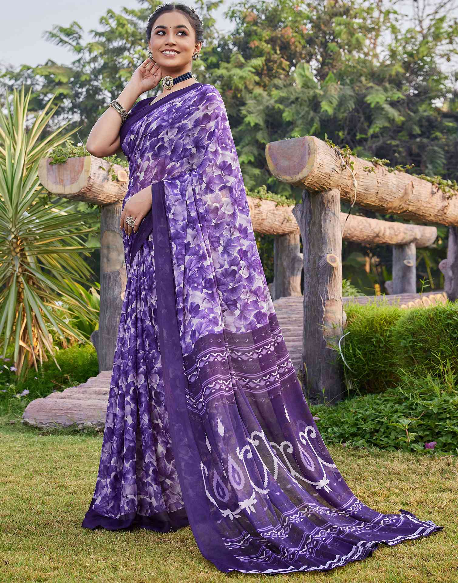 Purple Georgette Floral Printed Saree
