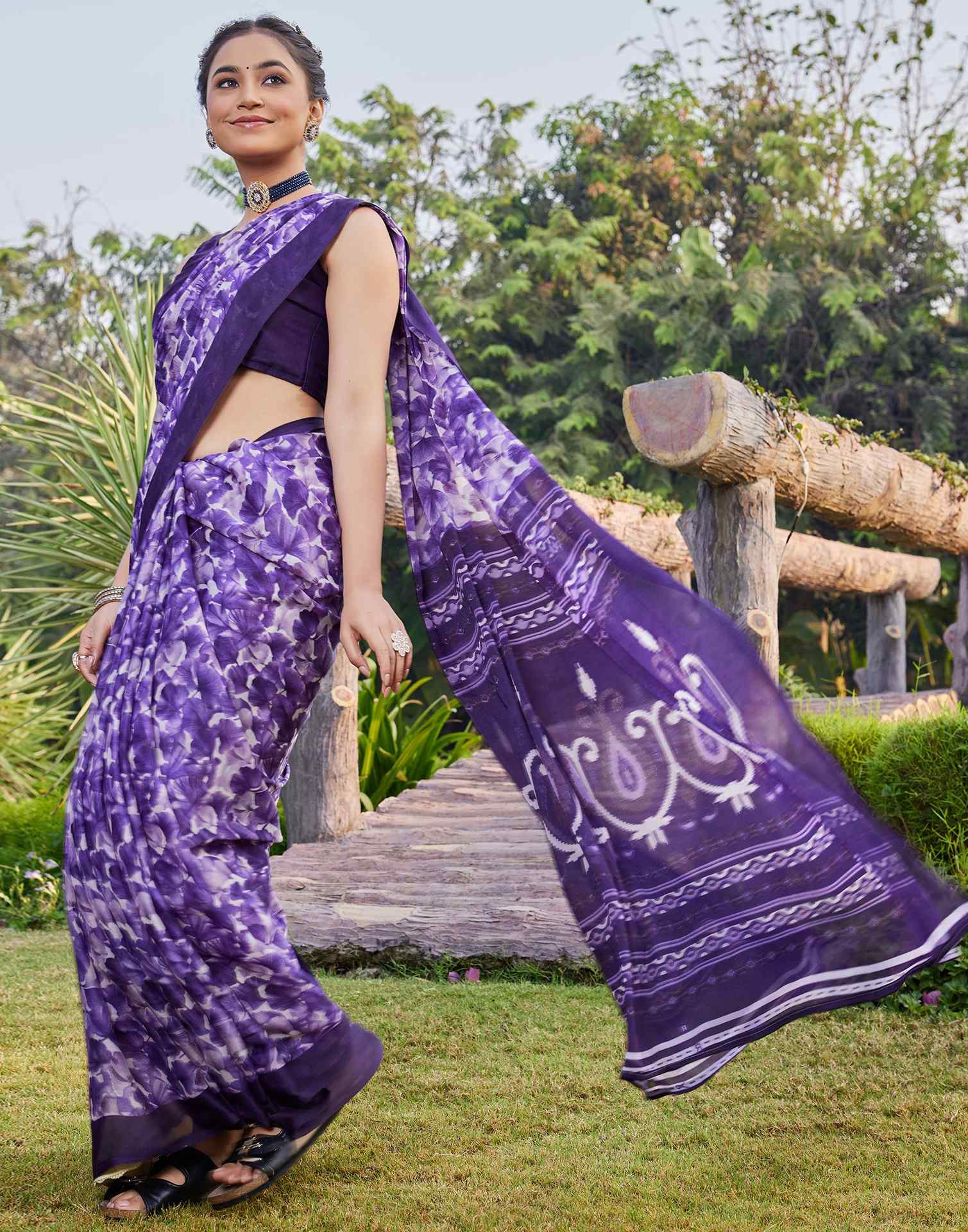 Purple Georgette Floral Printed Saree