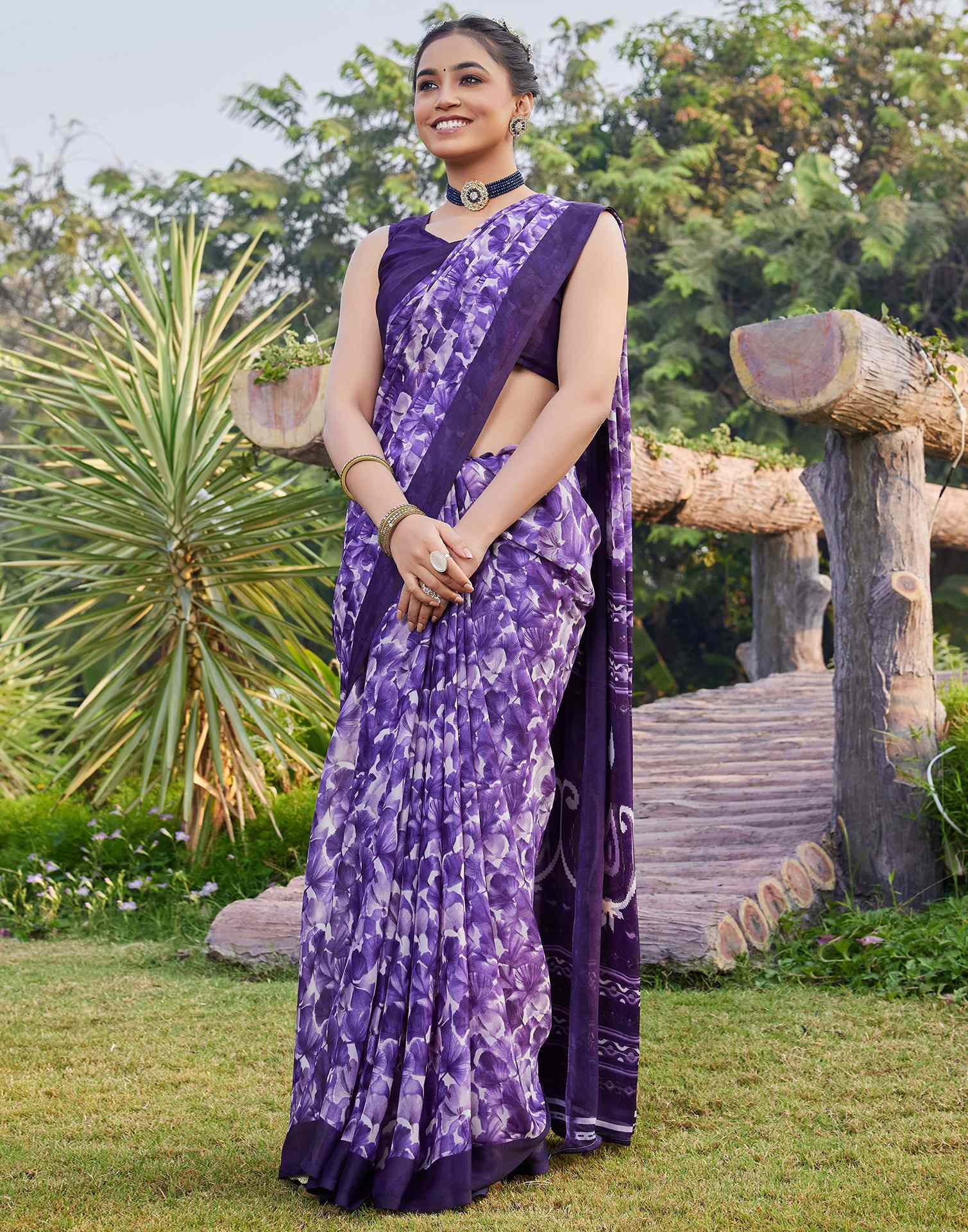 Purple Georgette Floral Printed Saree