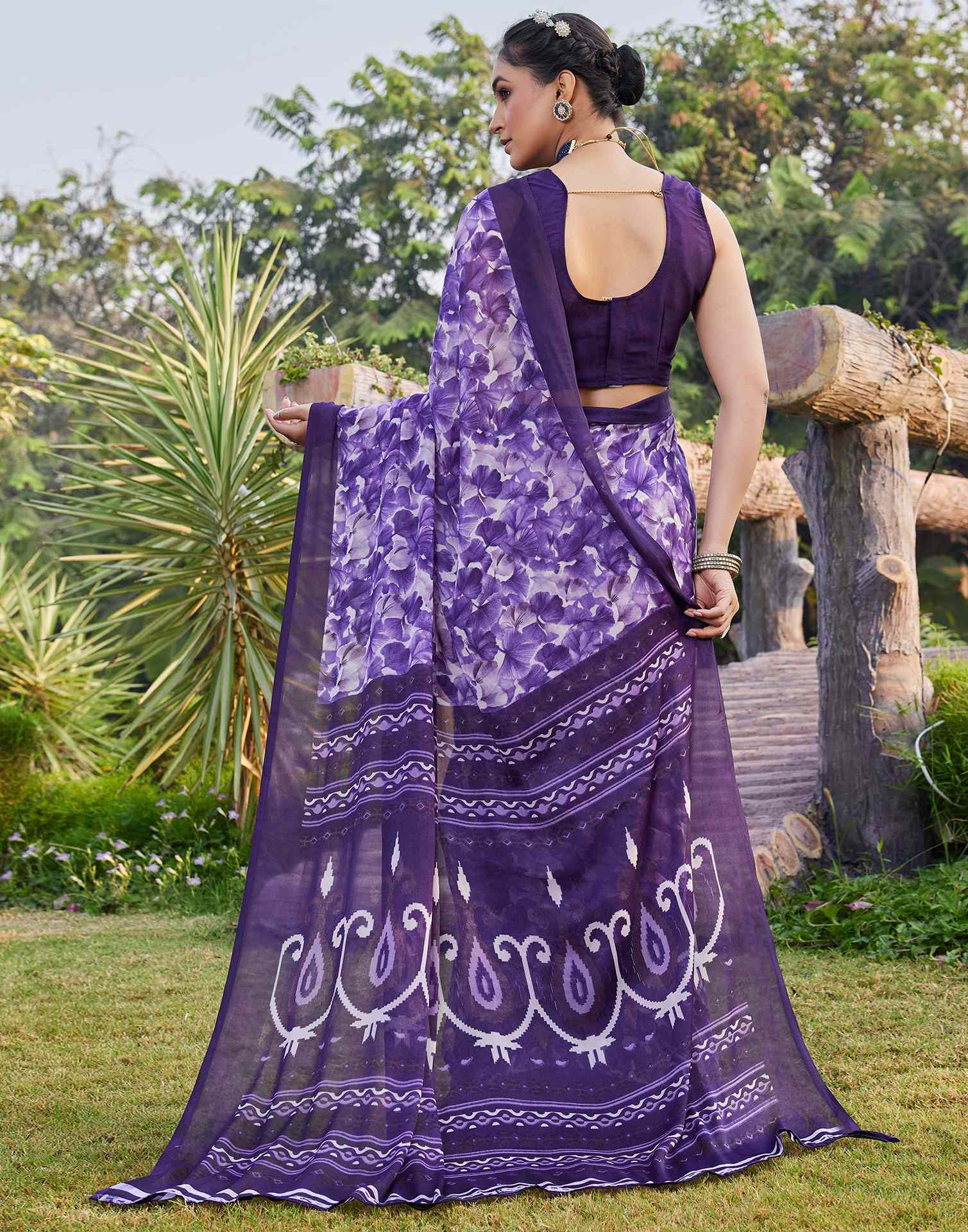 Purple Georgette Floral Printed Saree