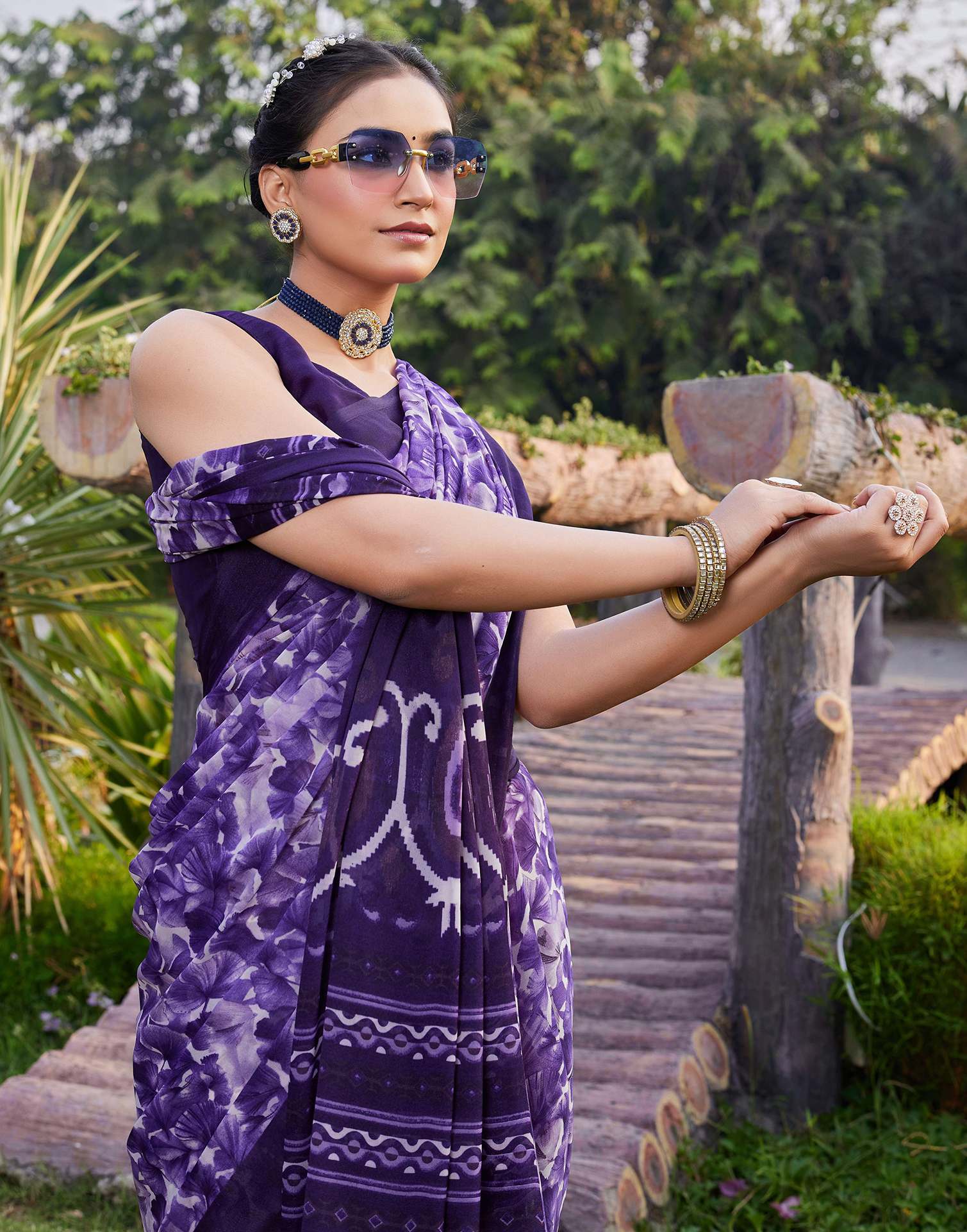 Purple Georgette Floral Printed Saree