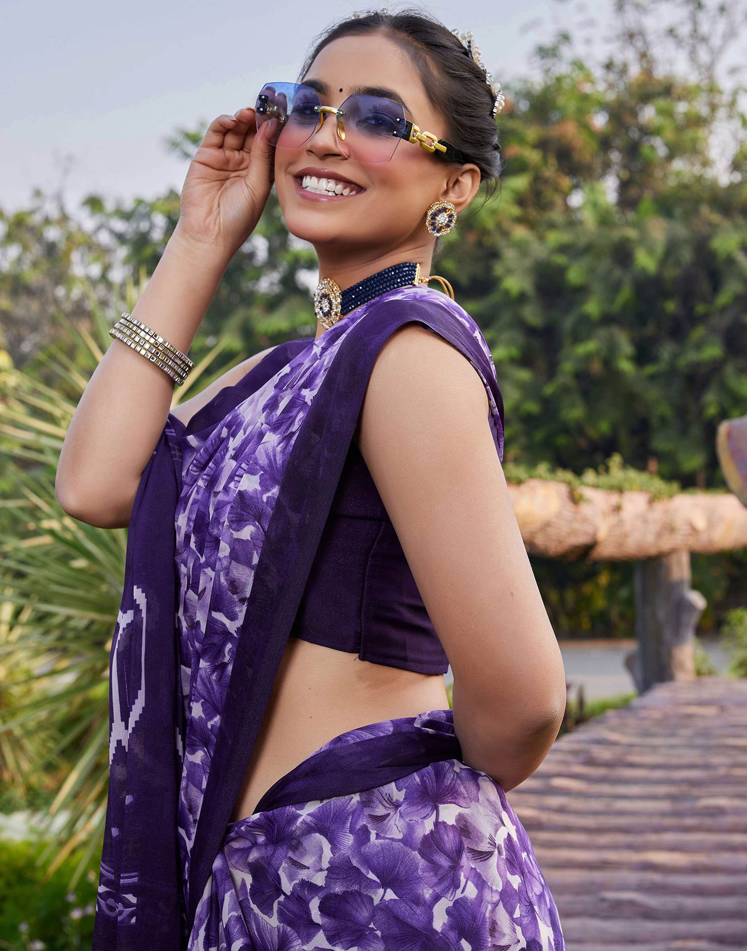 Purple Georgette Floral Printed Saree