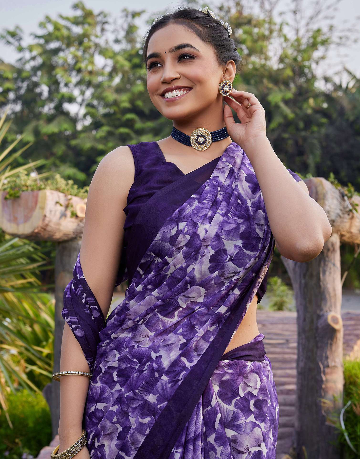 Purple Georgette Floral Printed Saree