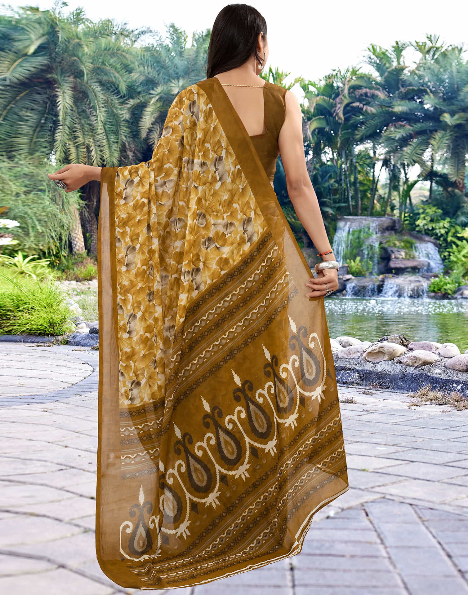 Turmeric Yellow Georgette Floral printed Saree