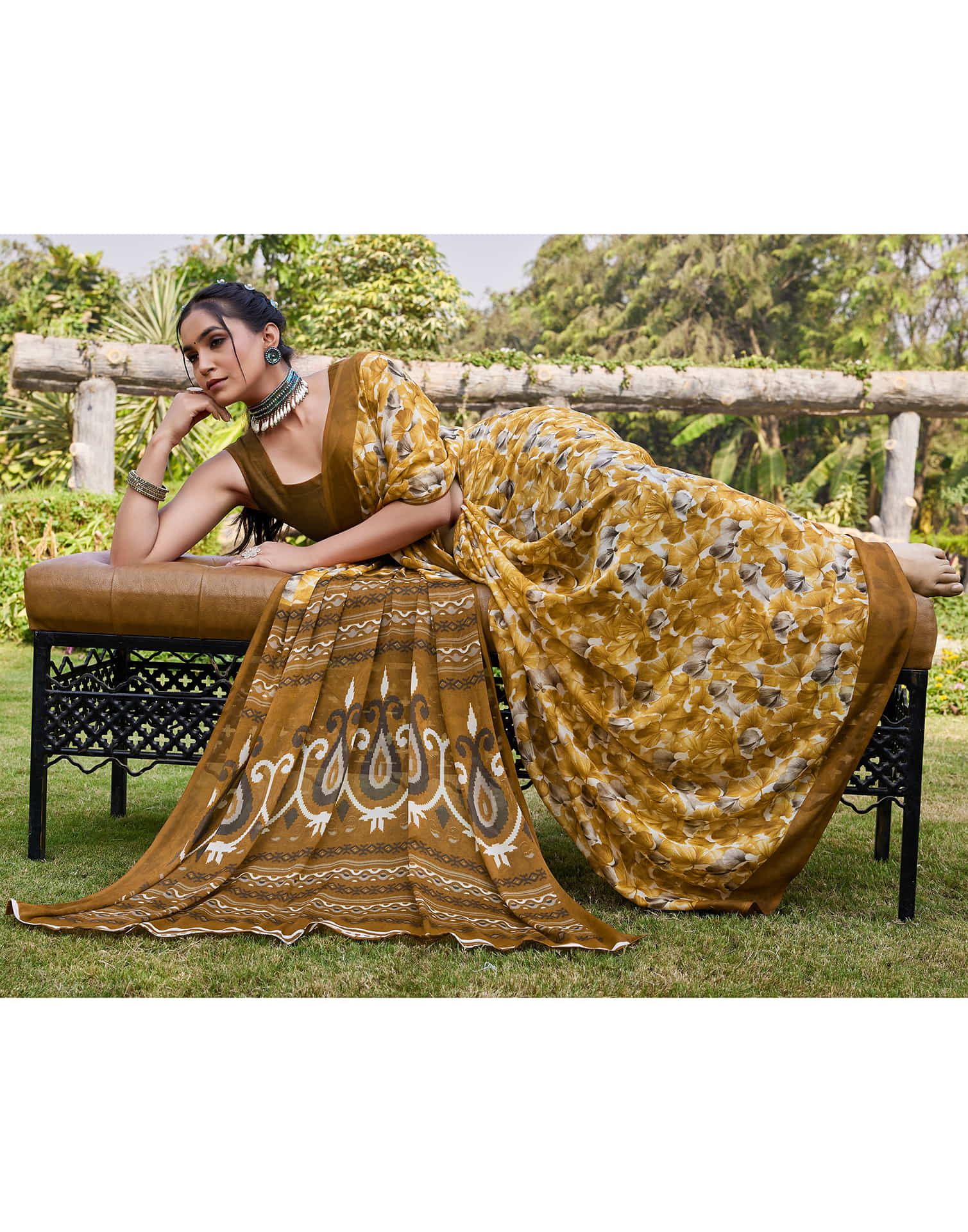 Turmeric Yellow Georgette Floral printed Saree