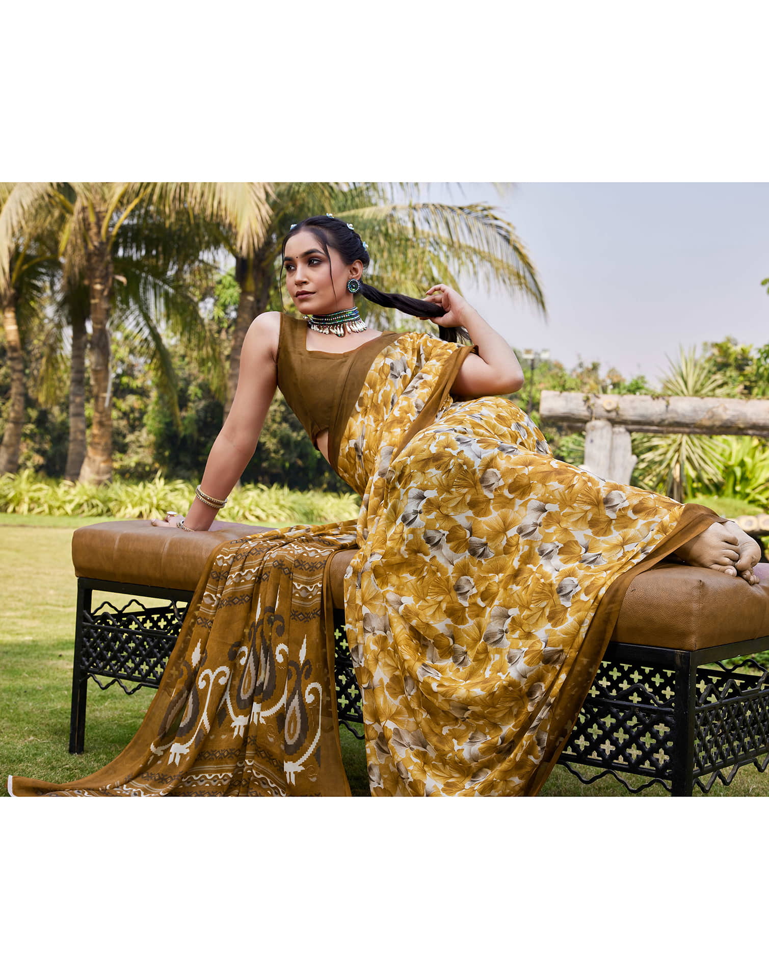 Turmeric Yellow Georgette Floral printed Saree
