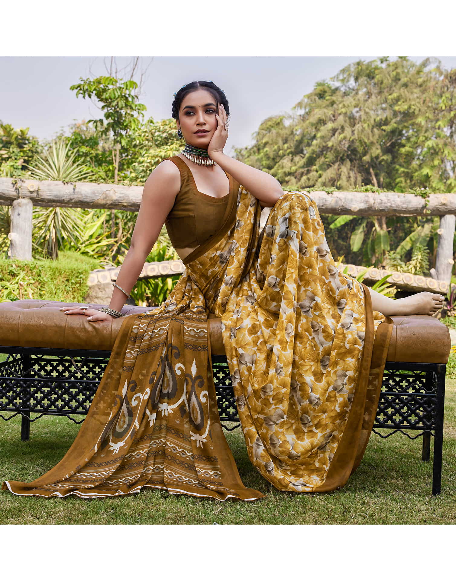 Turmeric Yellow Georgette Floral printed Saree