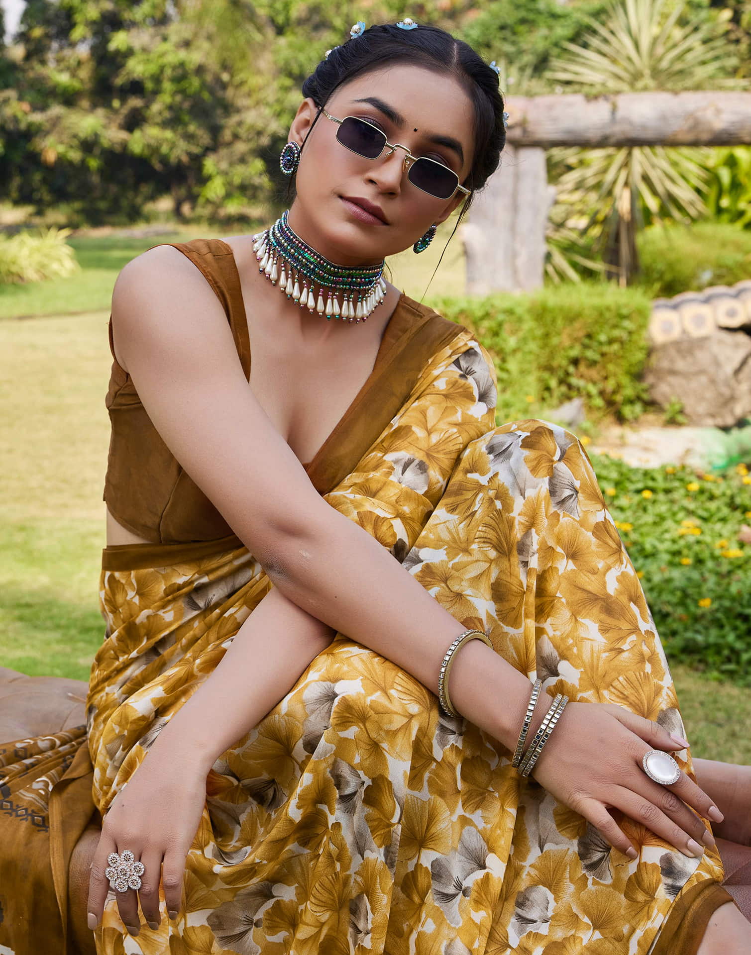 Turmeric Yellow Georgette Floral printed Saree