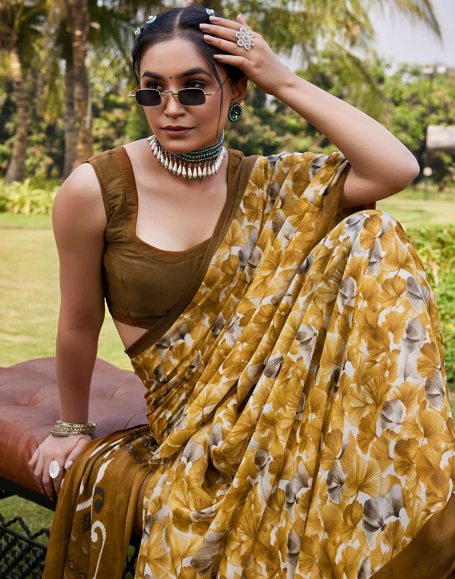 Turmeric Yellow Georgette Floral printed Saree