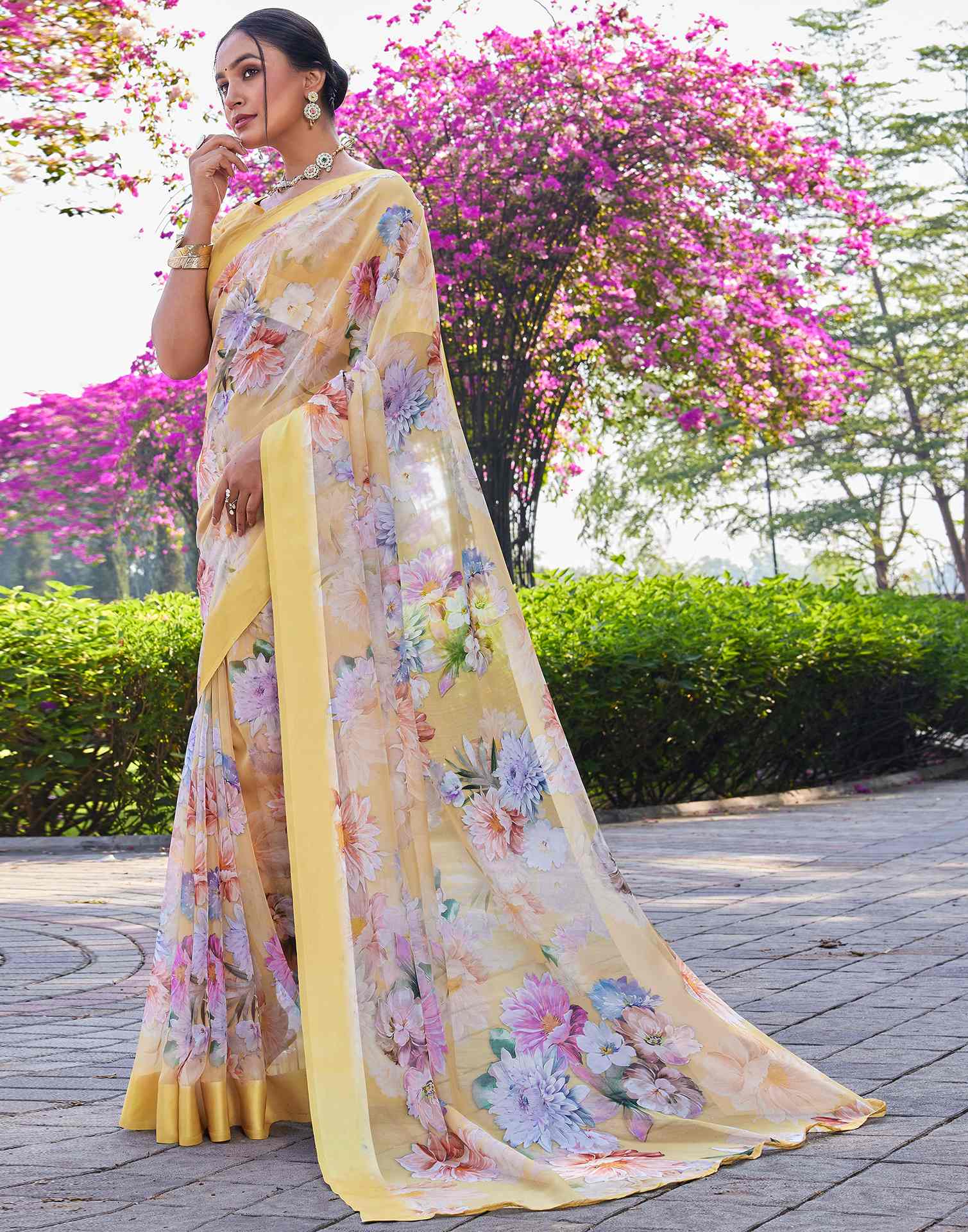 Yellow Georgette Floral Printed Saree