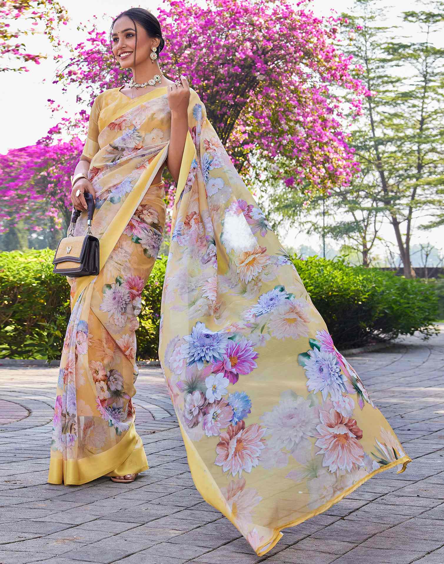 Yellow Georgette Floral Printed Saree