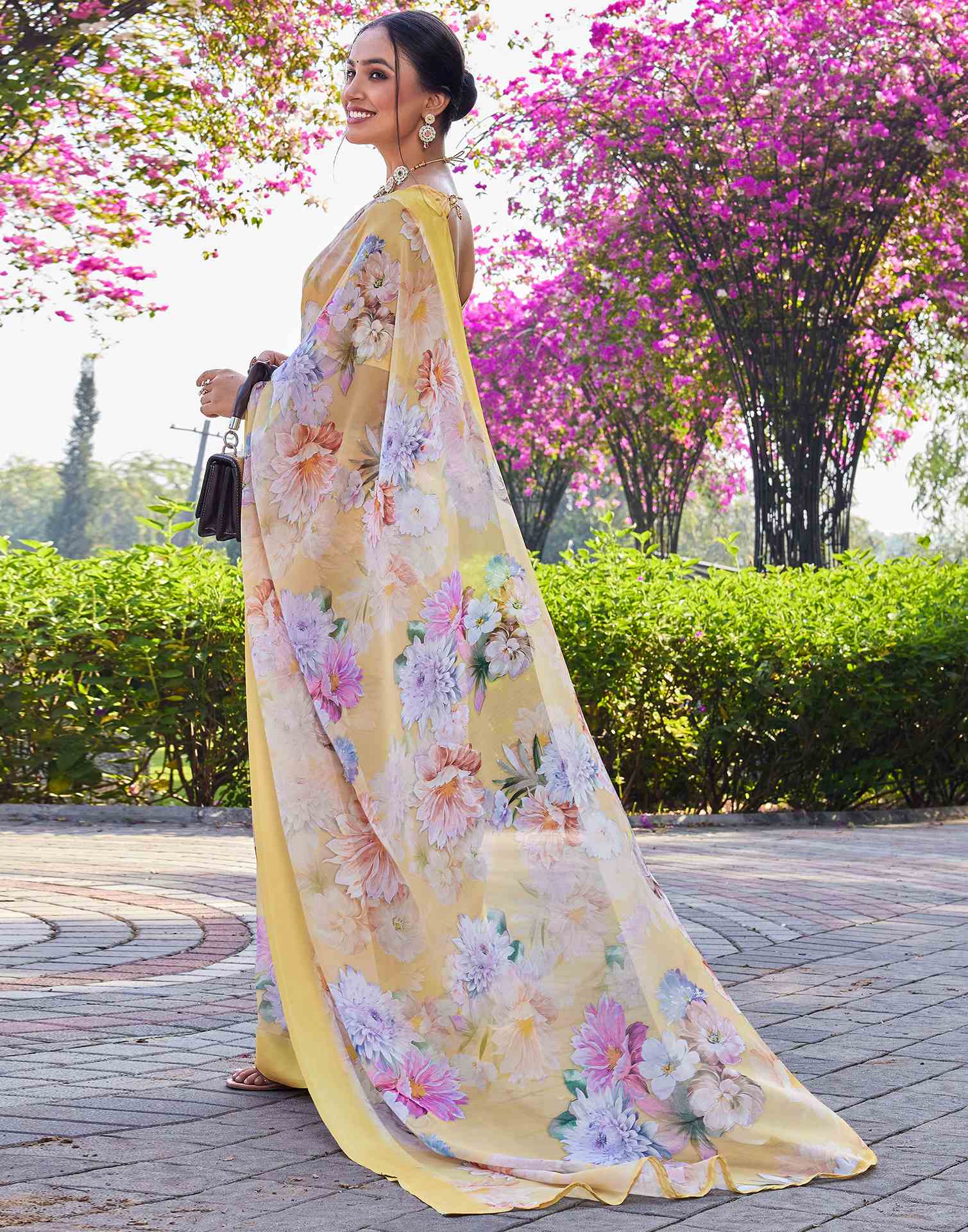 Yellow Georgette Floral Printed Saree