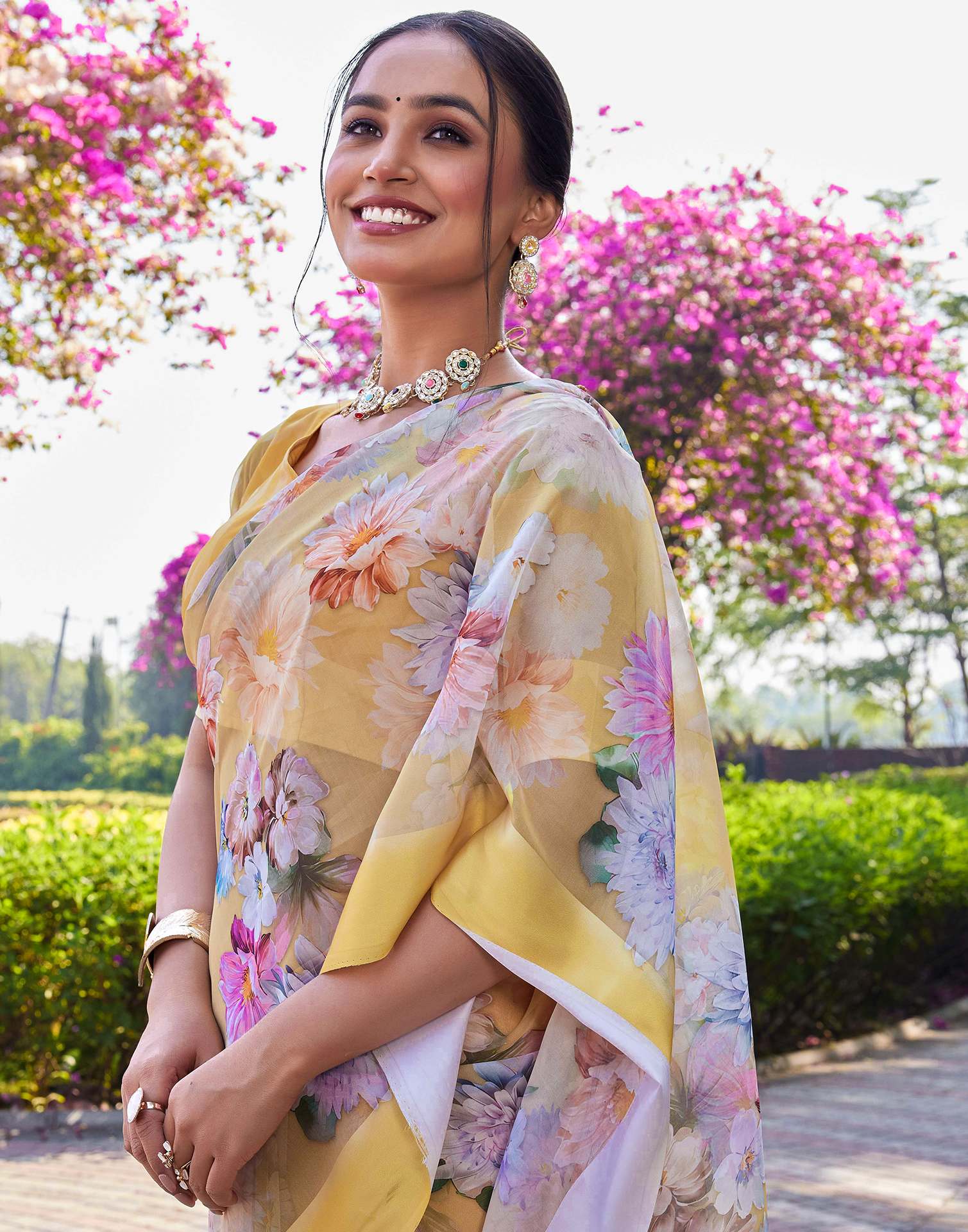 Yellow Georgette Floral Printed Saree